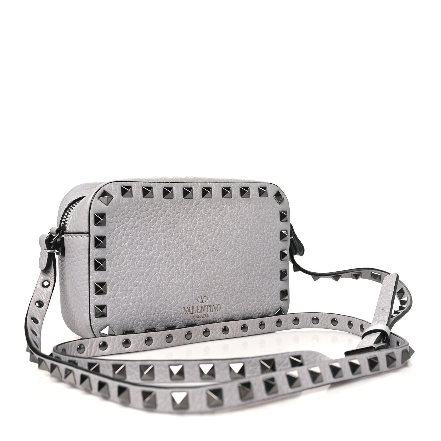 Grained Calfskin Small Rockstud Flap Pocket Camera Crossbody Bag Pastel Grey