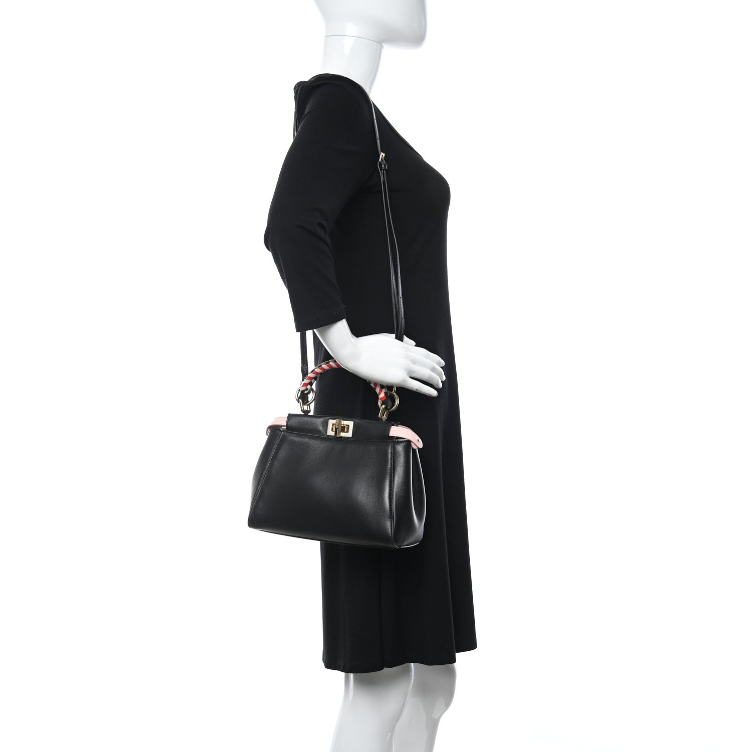 Fendi Nappa Vitello Century Woven Handle Mini Peekaboo Iconic Satchel Black Confetto Multicolor 2 of 11