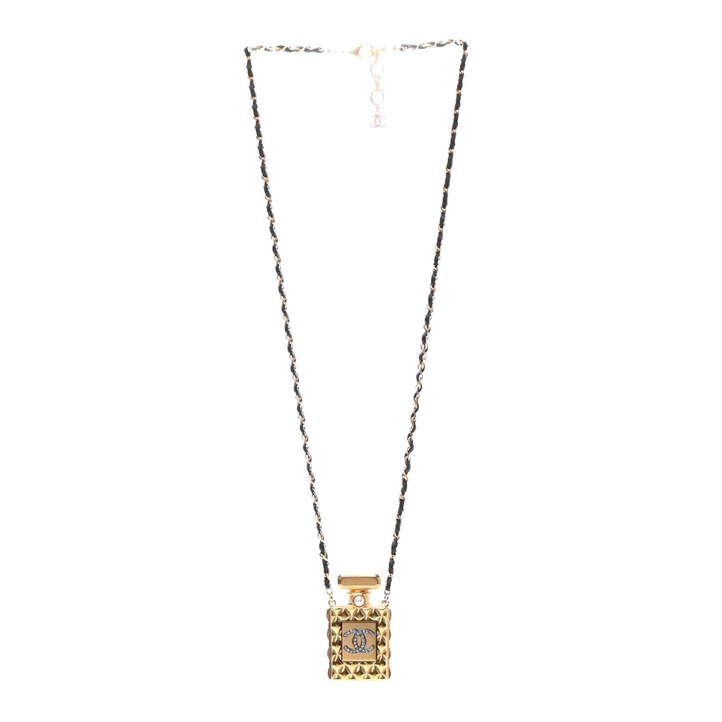 Crystal Pearl Perfume Bottle CC Necklace Black Gold