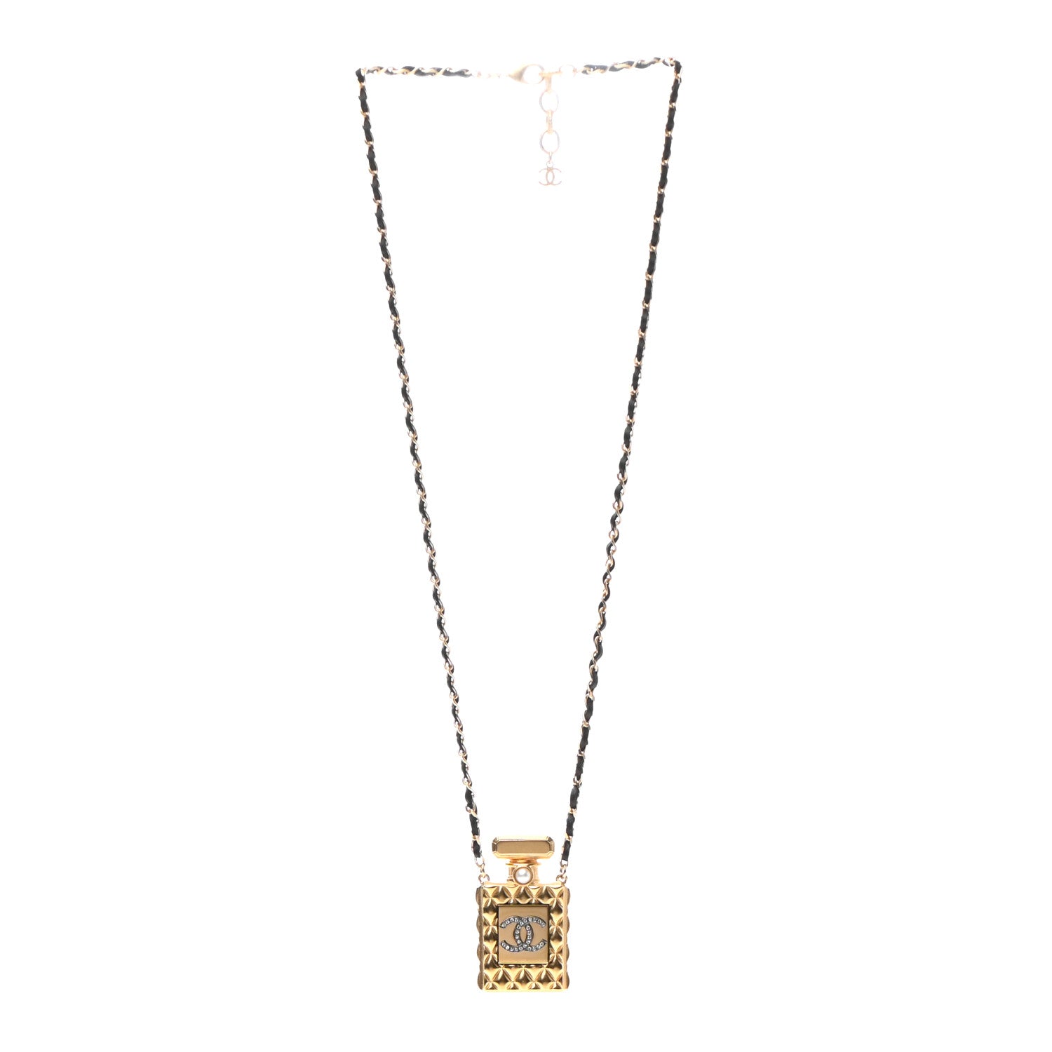 Chanel Crystal Pearl Perfume Bottle CC Necklace Black Gold 3 of 4