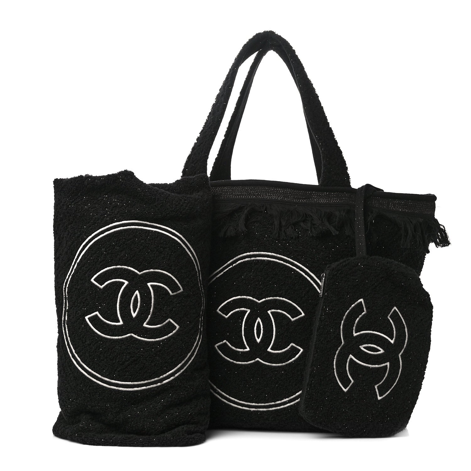 Chanel Terry Cotton CC Beach Tote Towel Set Black 1 of 16