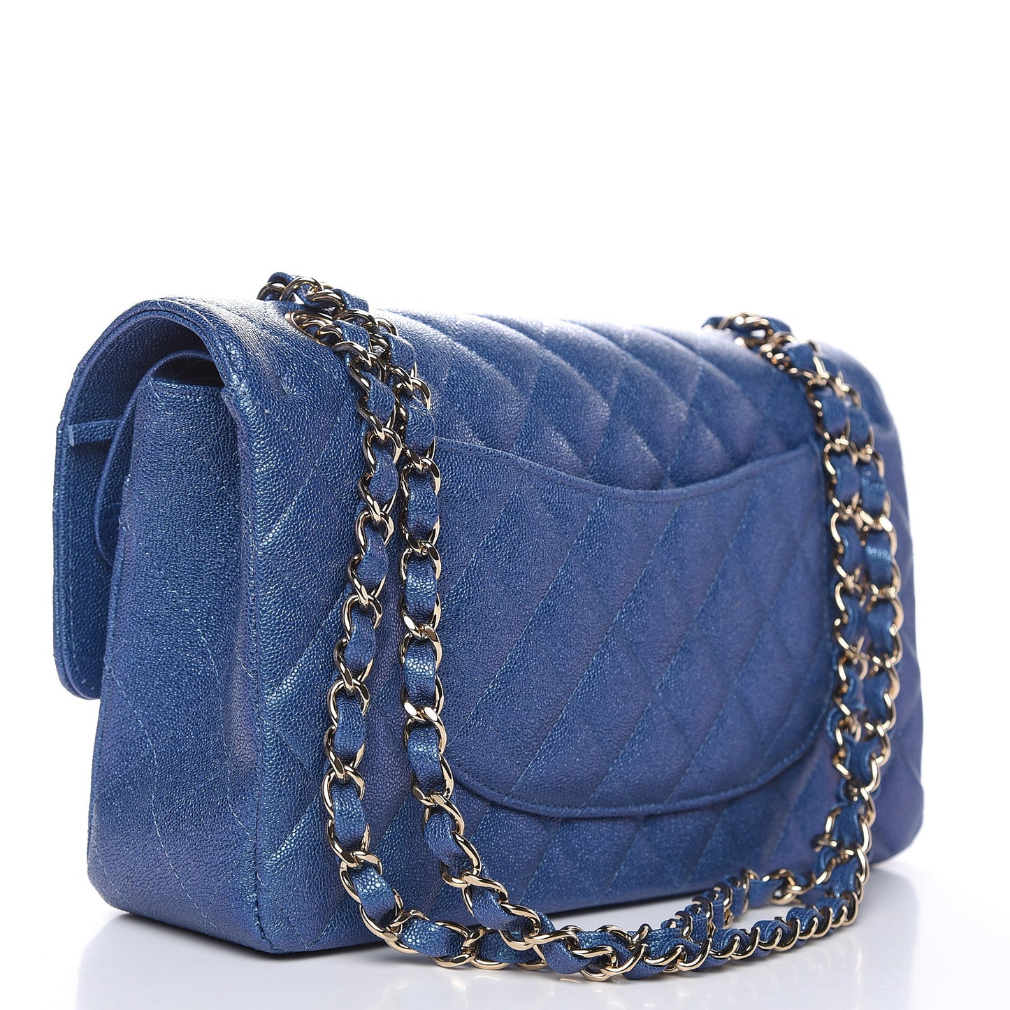 Iridescent Caviar Quilted Medium Double Flap Dark Blue