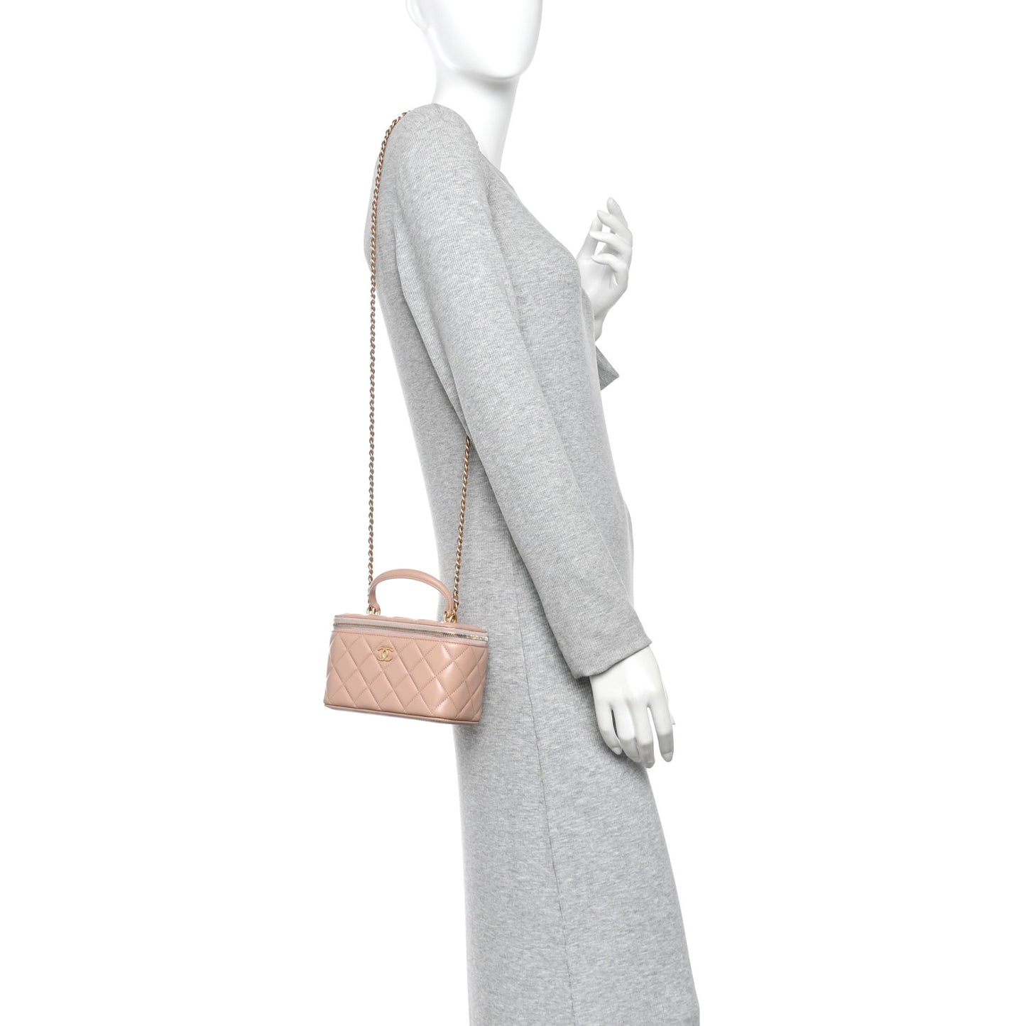 Lambskin Quilted Small Top Handle Vanity Case With Chain Beige