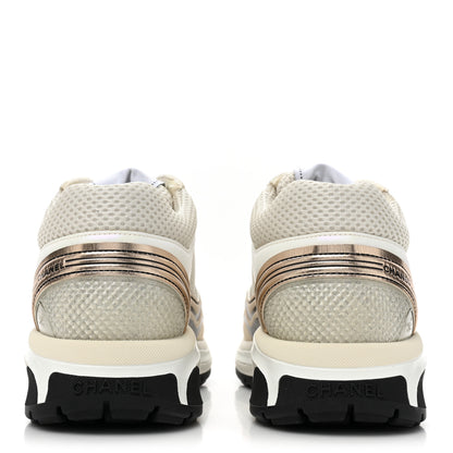 Chanel Fabric Laminated Calfskin Stretch CC Womens Sneakers 36.5 White Gold Silver 4 of 10