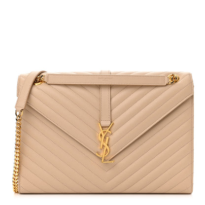 Saint Laurent Grain De Poudre Matelasse Chevron Large Monogram Satchel Dark Beige 1 of 10