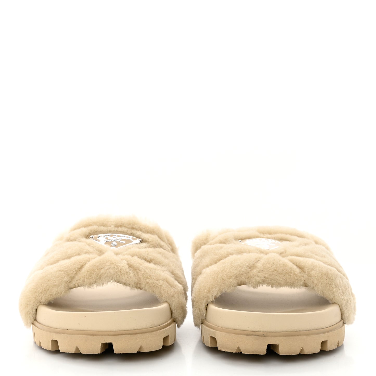 Shearling Metal Triangle Logo Lug Sole 20mm Slide Sandals 39.5 Ecru