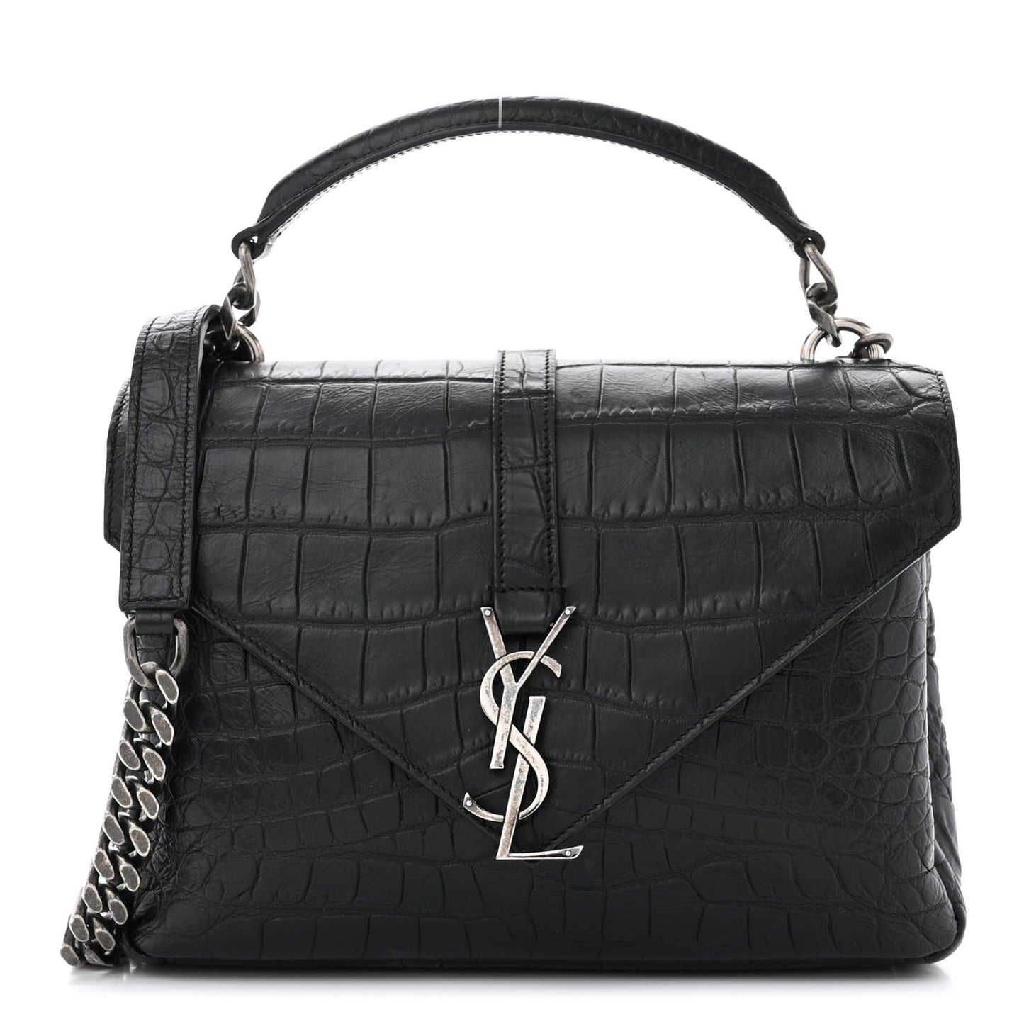 Calfskin Crocodile Embossed Medium College Monogram Satchel Black