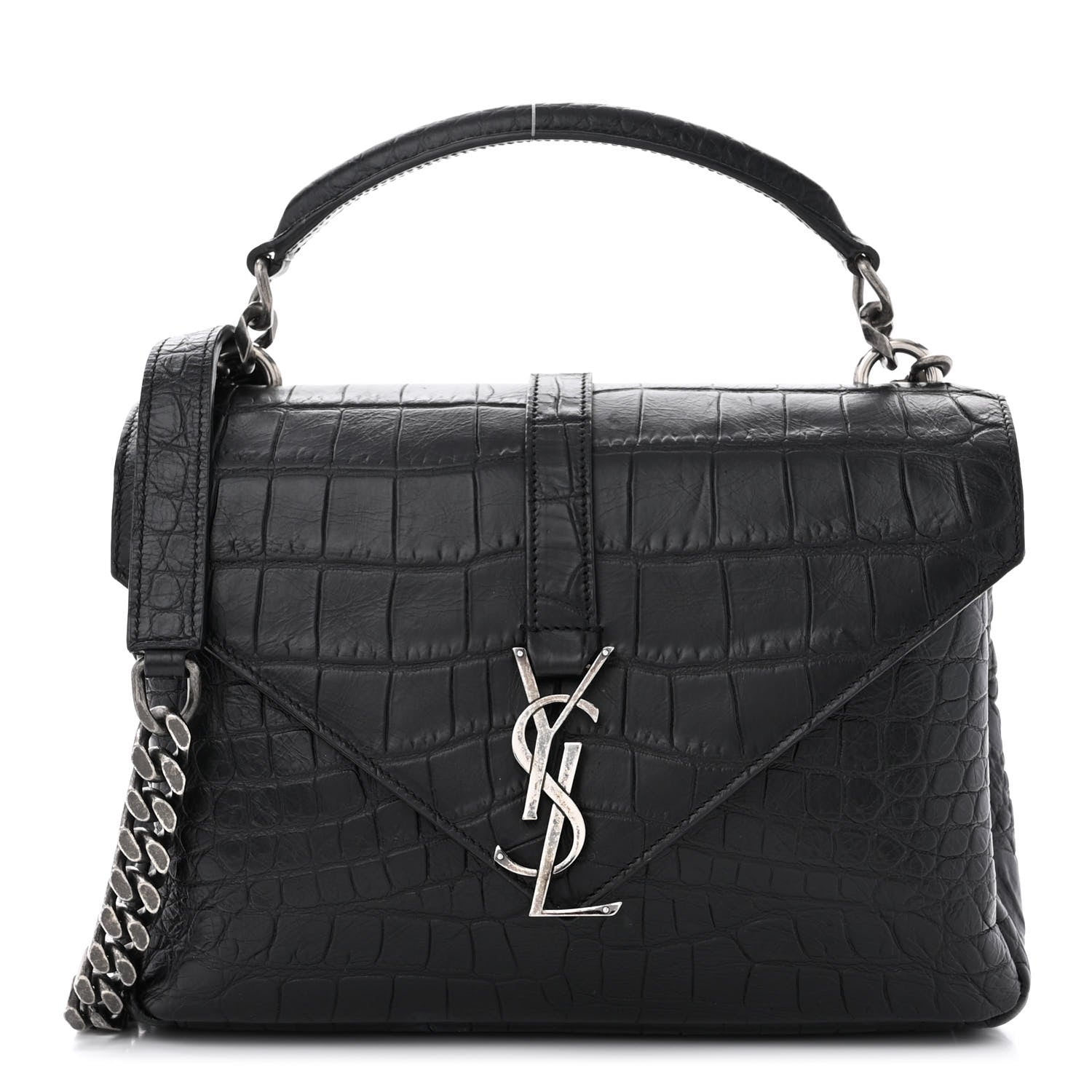 Saint Laurent Calfskin Crocodile Embossed Medium College Monogram Satchel Black 1 of 11