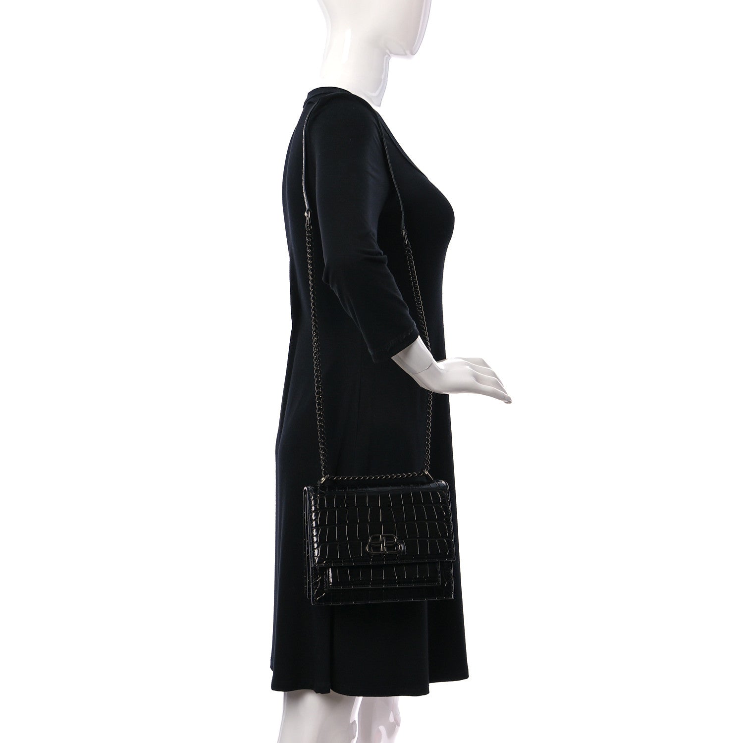 Balenciaga Shiny Calfskin Monochrome Crocodile Embossed S Sharp Chain Shoulder Bag Black 2 of 8