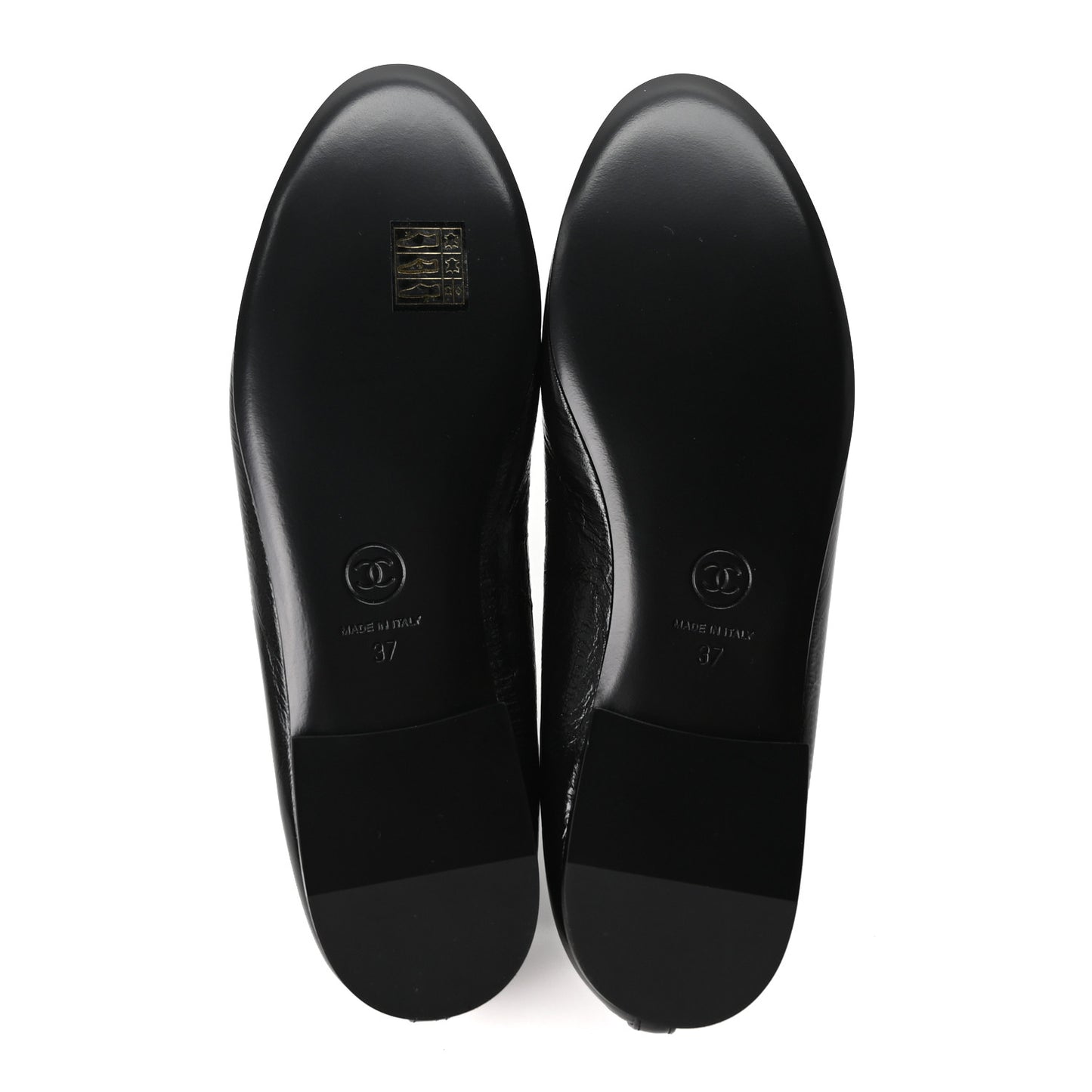 Crumpled Shiny Lambskin CC Cap Toe Ballerina Flats 37 Black White
