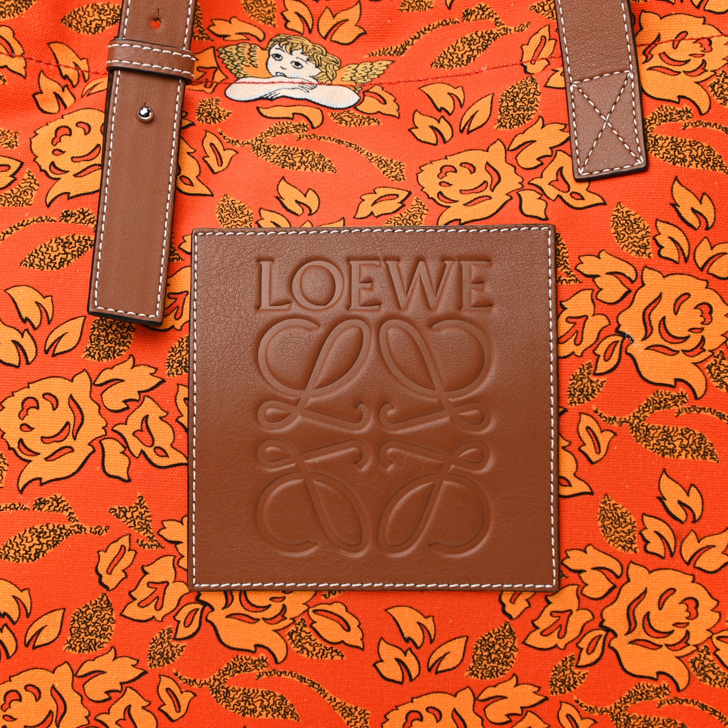 Canvas Calfskin Ibiza Floral Print Paulas Tote Orange