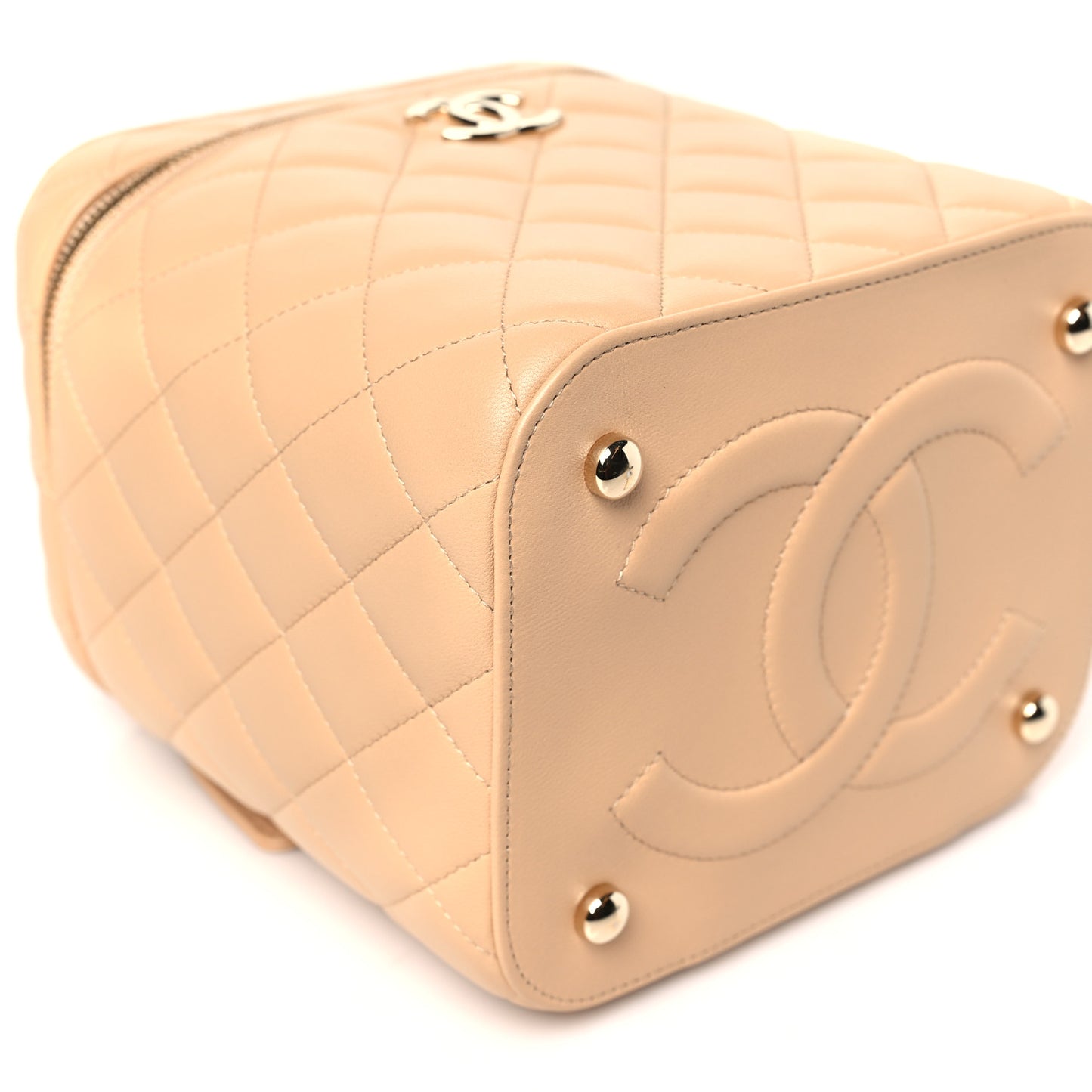 Lambskin Quilted Small Top Handle Vanity Case With Chain Beige