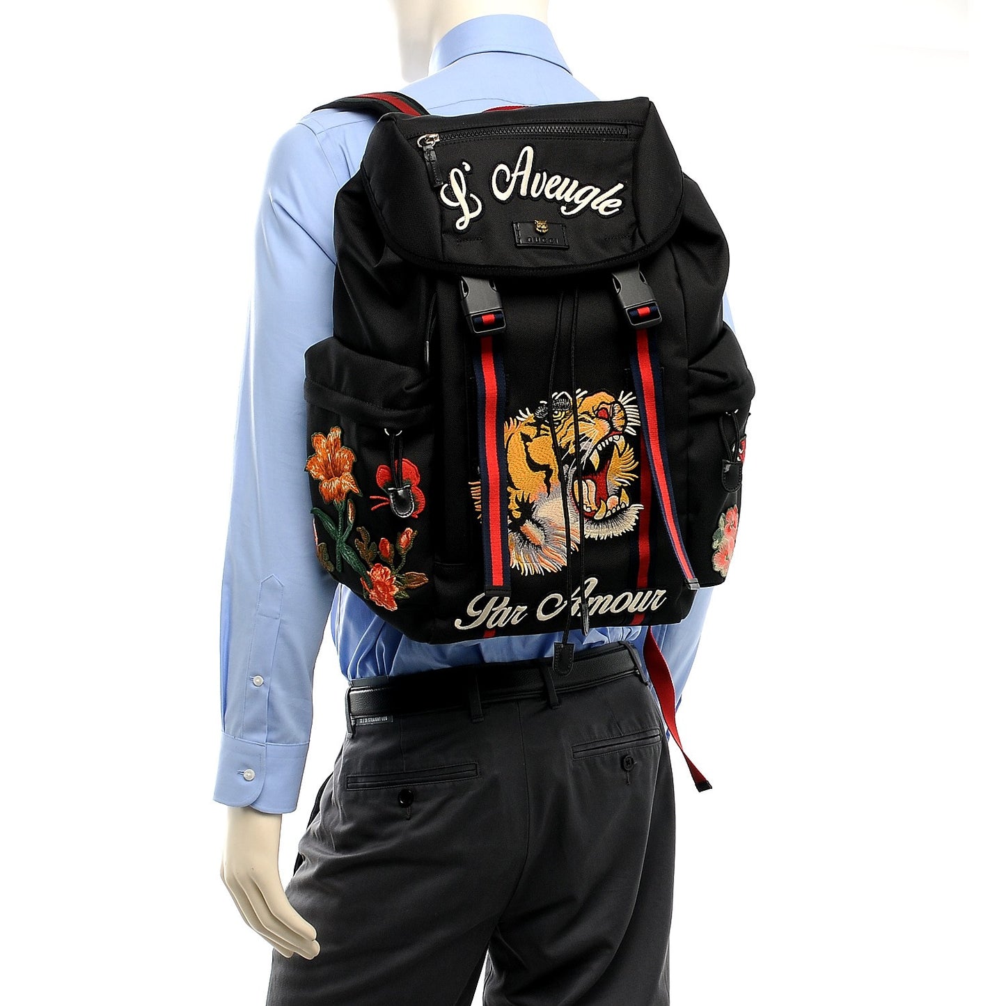 Techno Canvas Web L'Aveugle Par Amour Embroidered Double Buckle Backpack Black