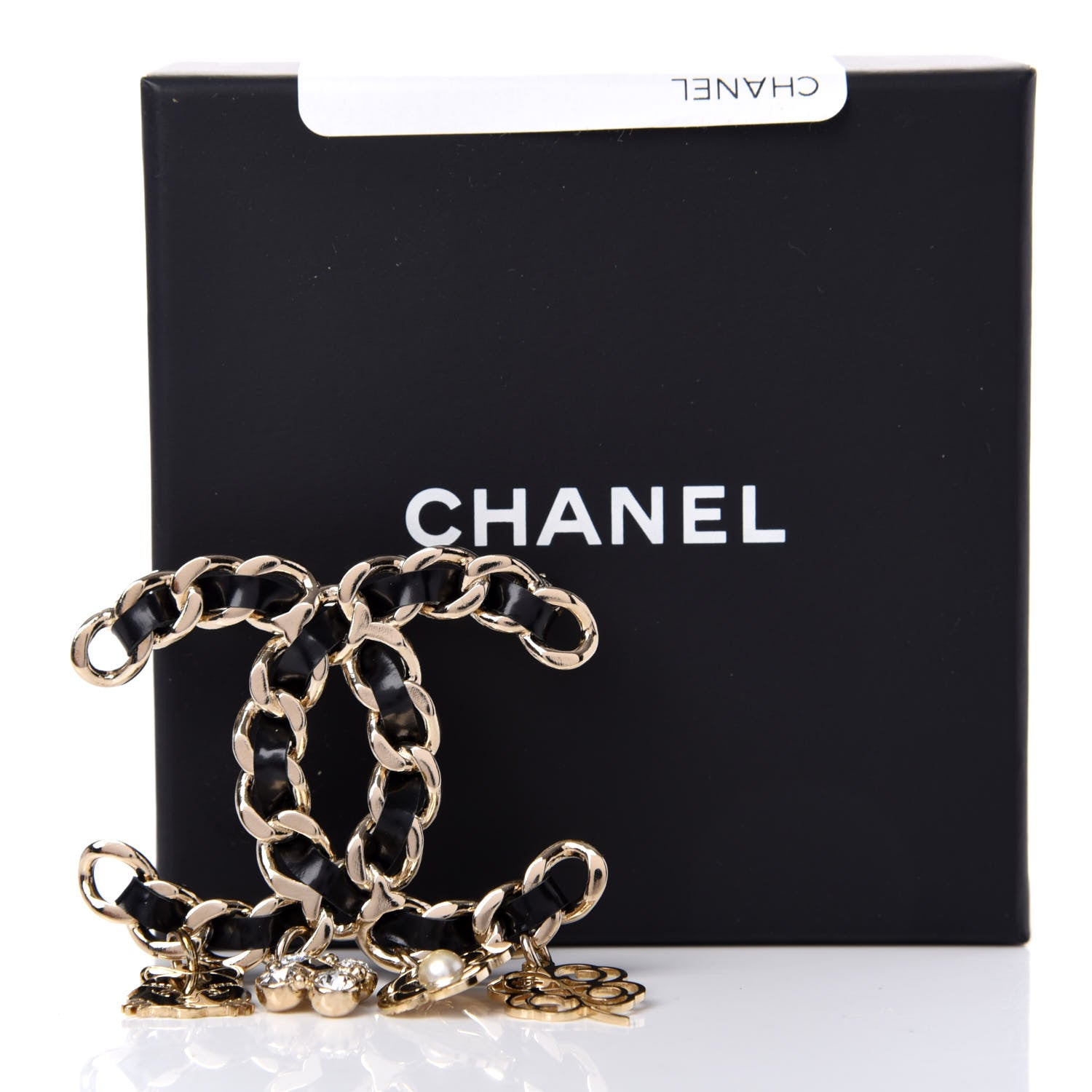 Chanel Lambskin Crystal Chain CC Charms Brooch Black Gold 5 of 5