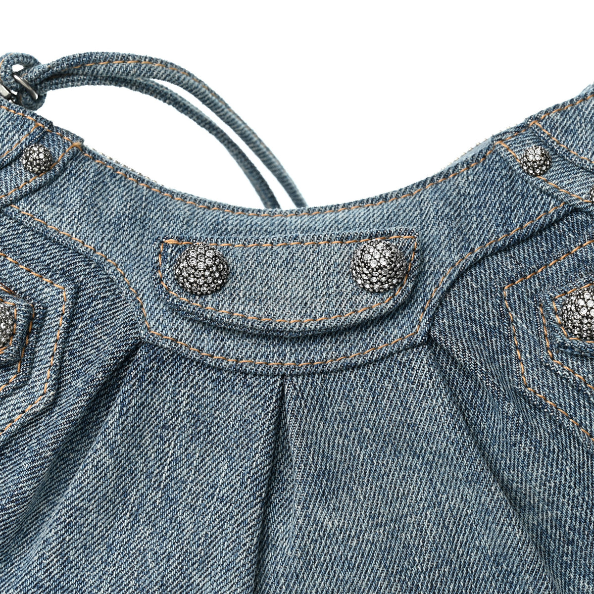 Washed Frayed Denim Crystal Le Cagole Shoulder Bag XS Blue