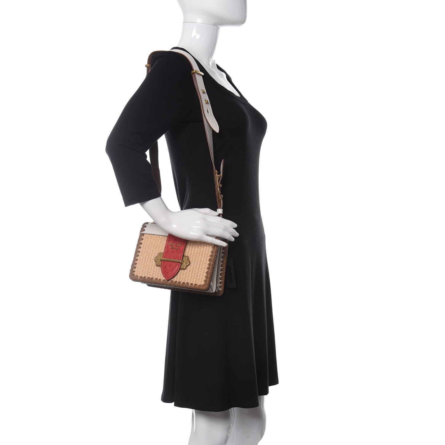 Prada City Calf Raffia Ostrich Cahier Bag Natural Roso 2 of 11