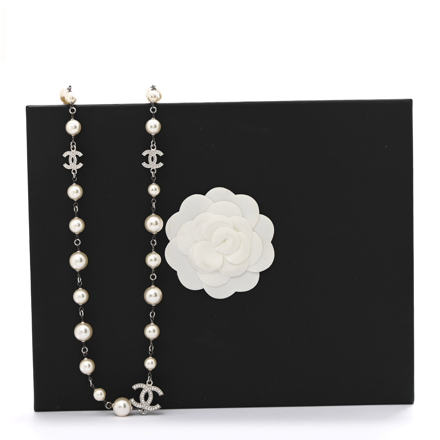 Chanel Crystal Pearl CC Long Necklace Silver 7 of 7