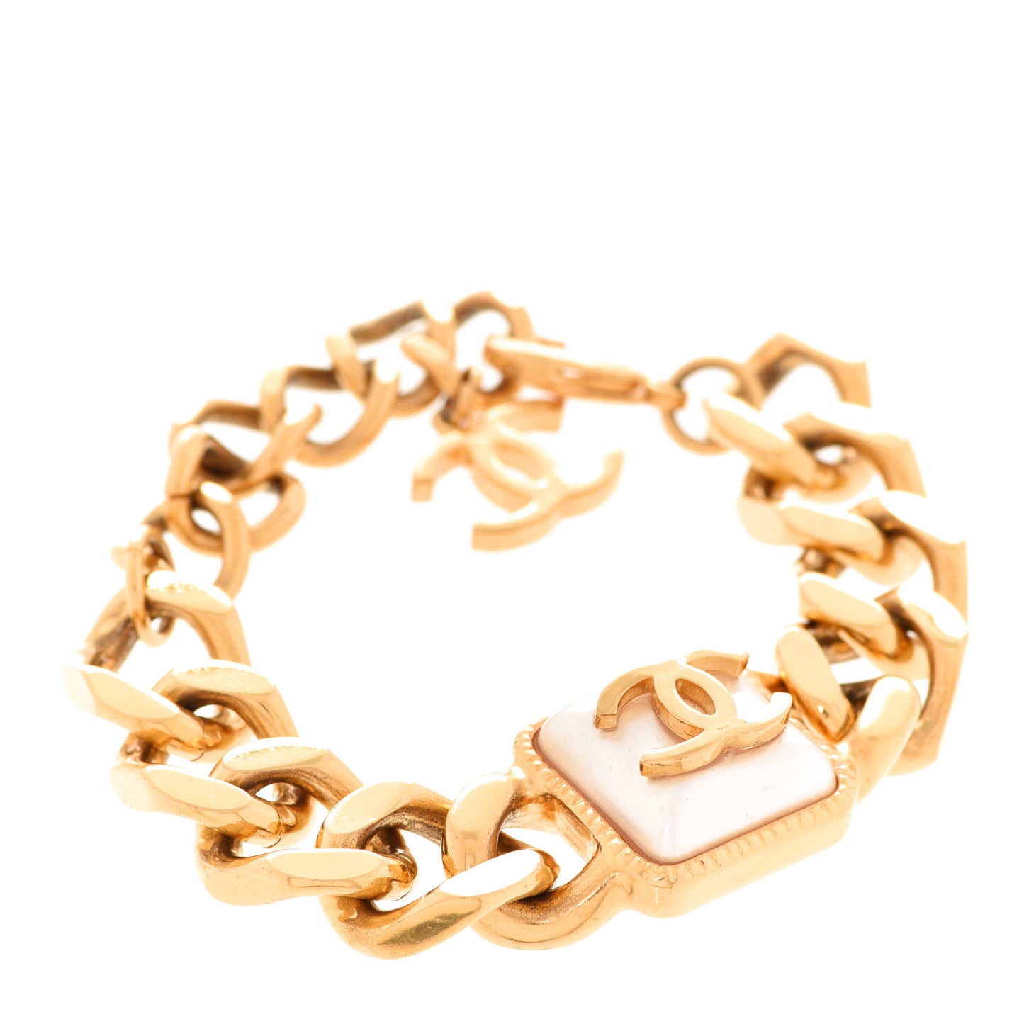 Pearl CC Chain Link Bracelet Gold