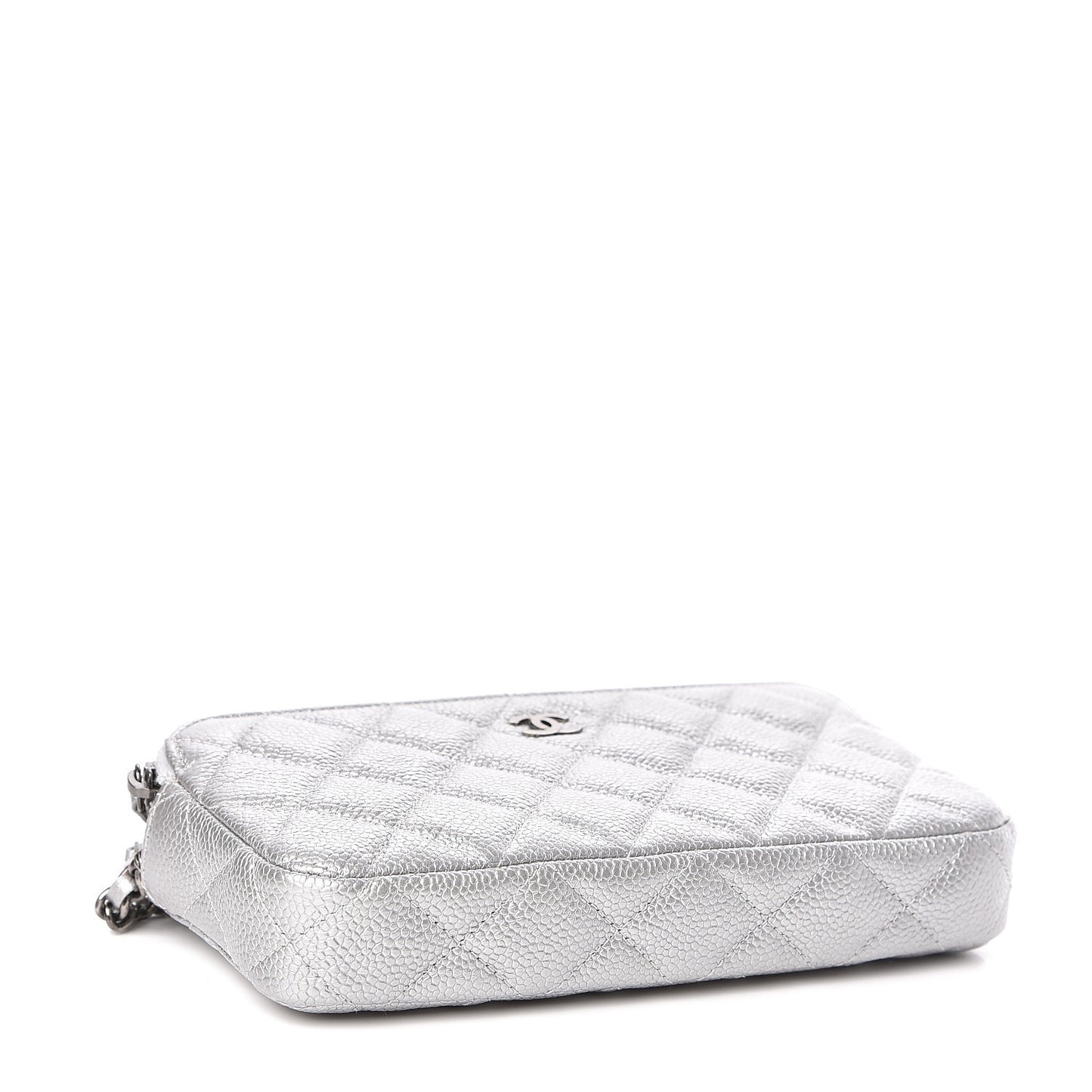 Metallic Caviar Quilted Small Clutch With Chain Silver