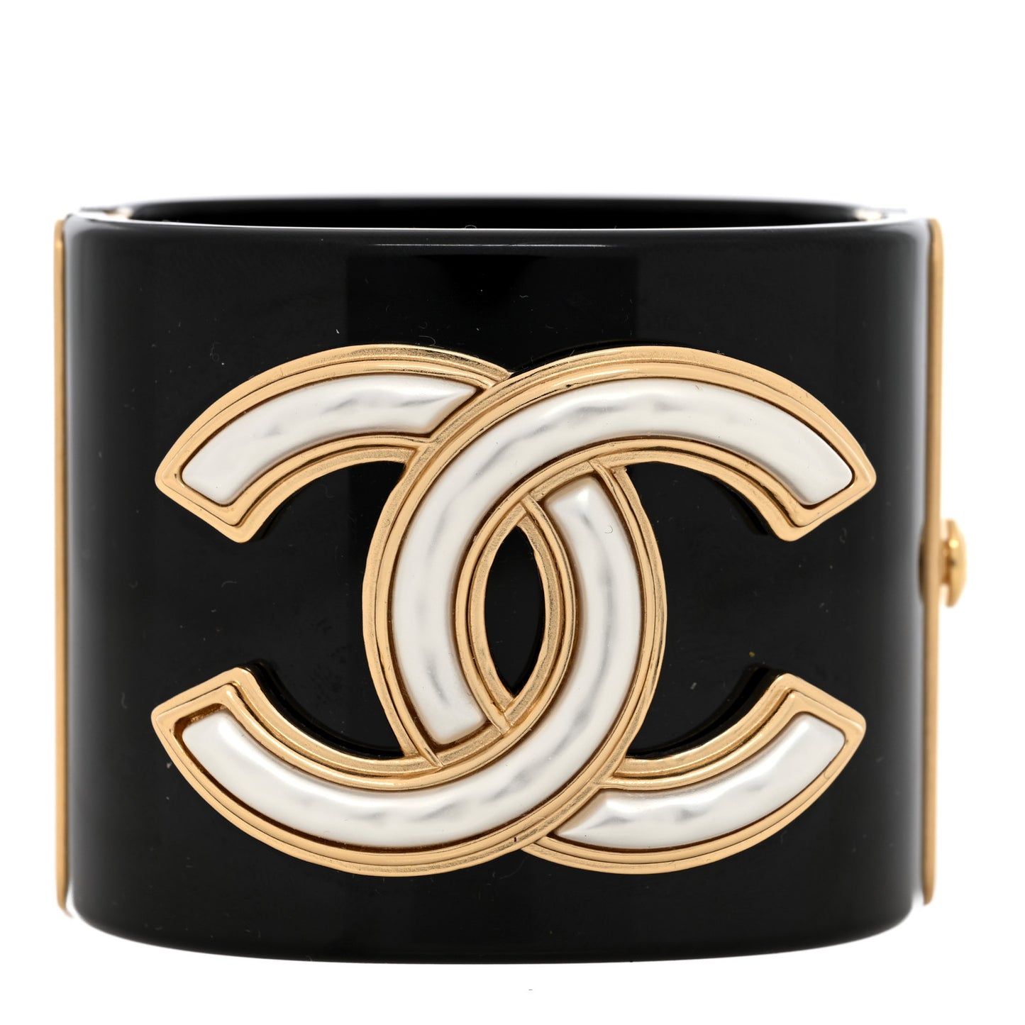 Resin Pearl Enamel Oversized CC Cuff Bracelet Black Pearly White Gold