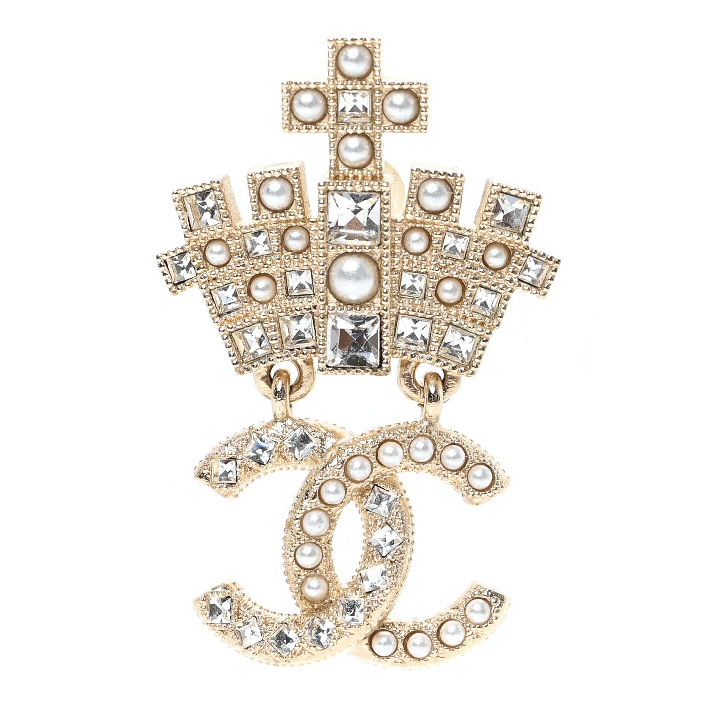 Metal Crystal Pearl CC Crown Drop Brooch Gold