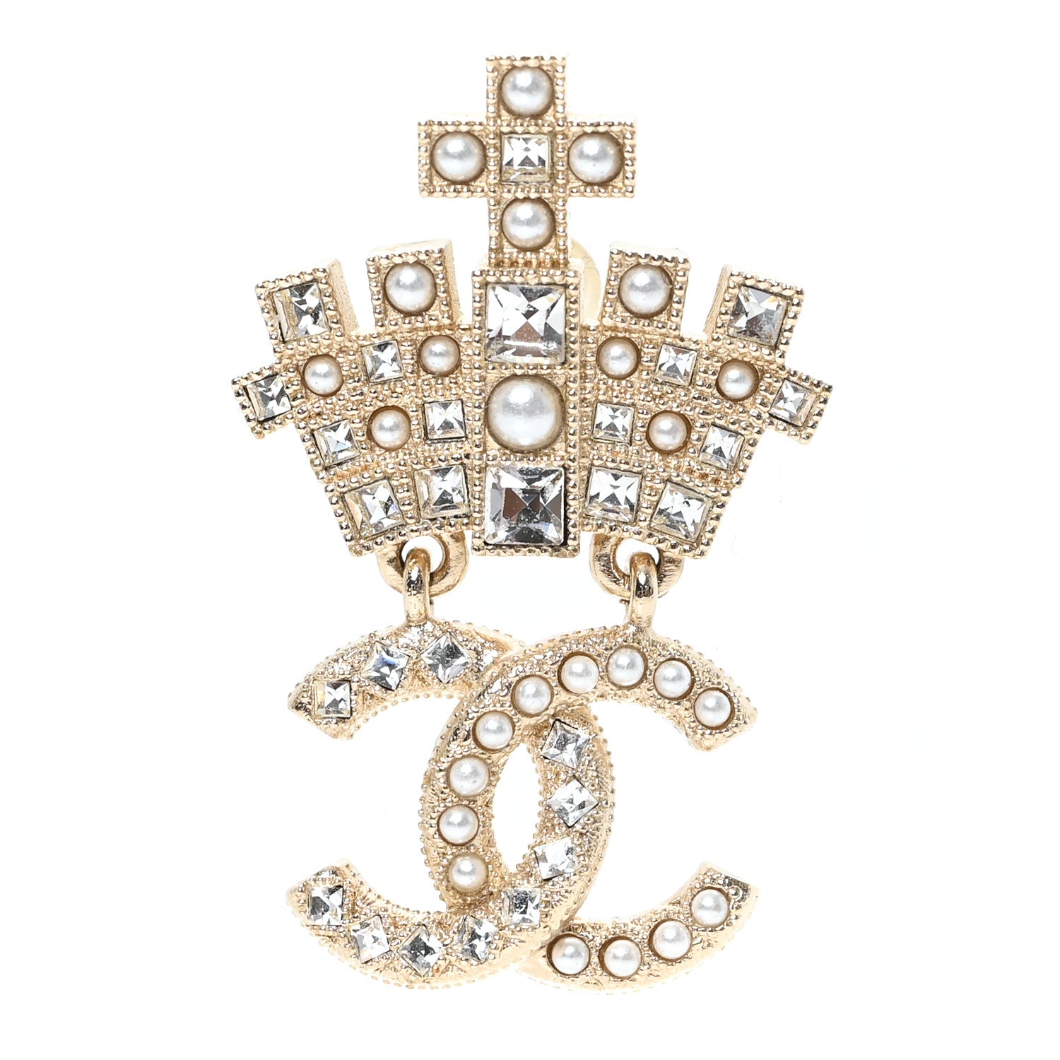 Chanel Metal Crystal Pearl CC Crown Drop Brooch Gold 1 of 4