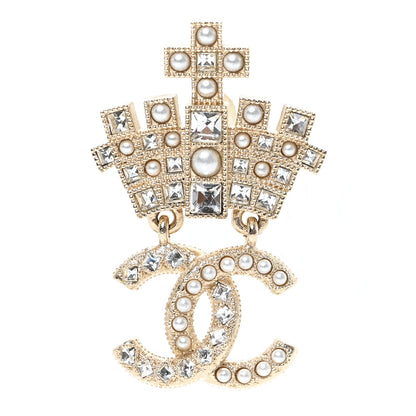 Chanel Metal Crystal Pearl CC Crown Drop Brooch Gold 1 of 4