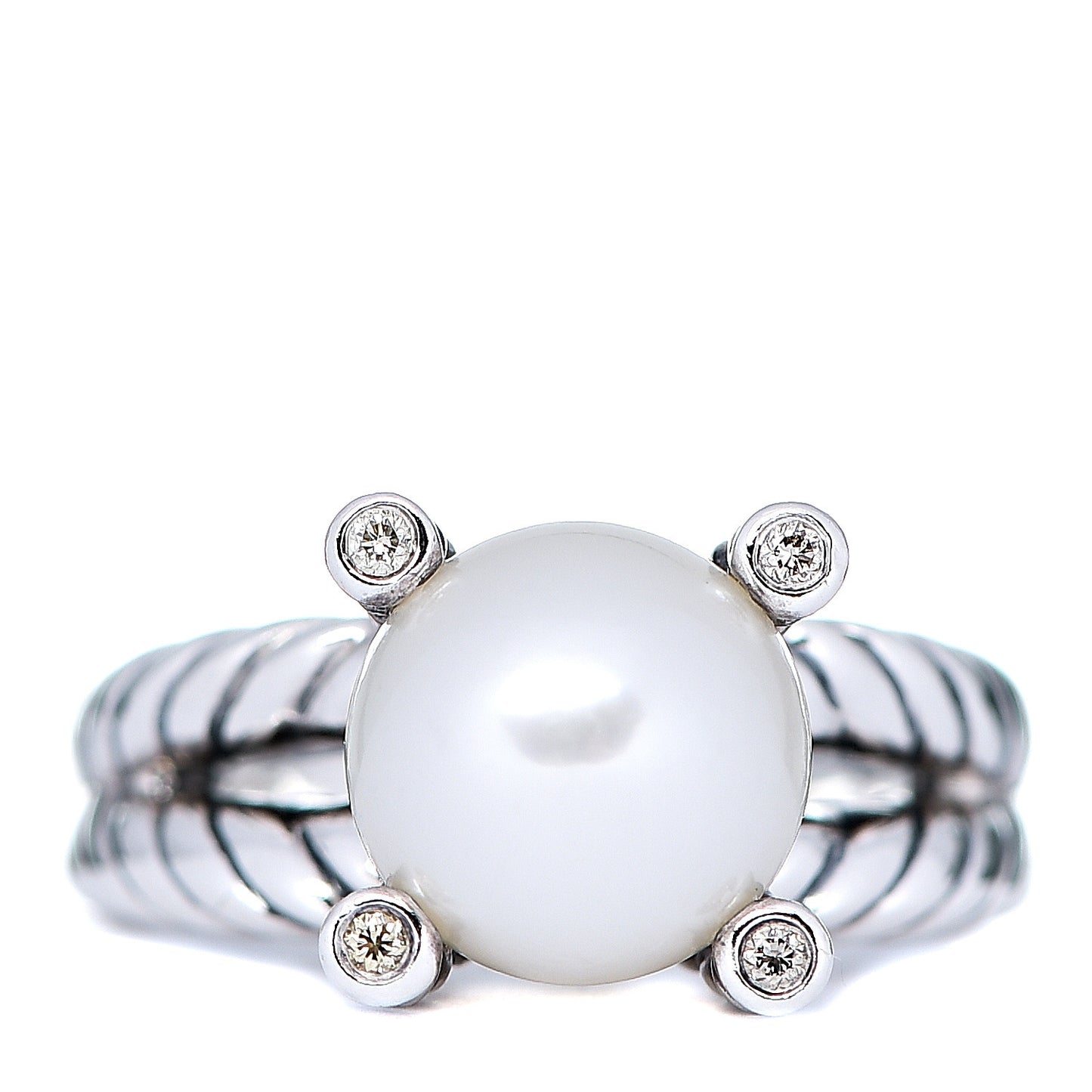 Sterling Silver Diamond Pearl 10mm Cable Ring 52 6