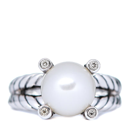 David Yurman Sterling Silver Diamond Pearl 10mm Cable Ring 52 6 1 of 5