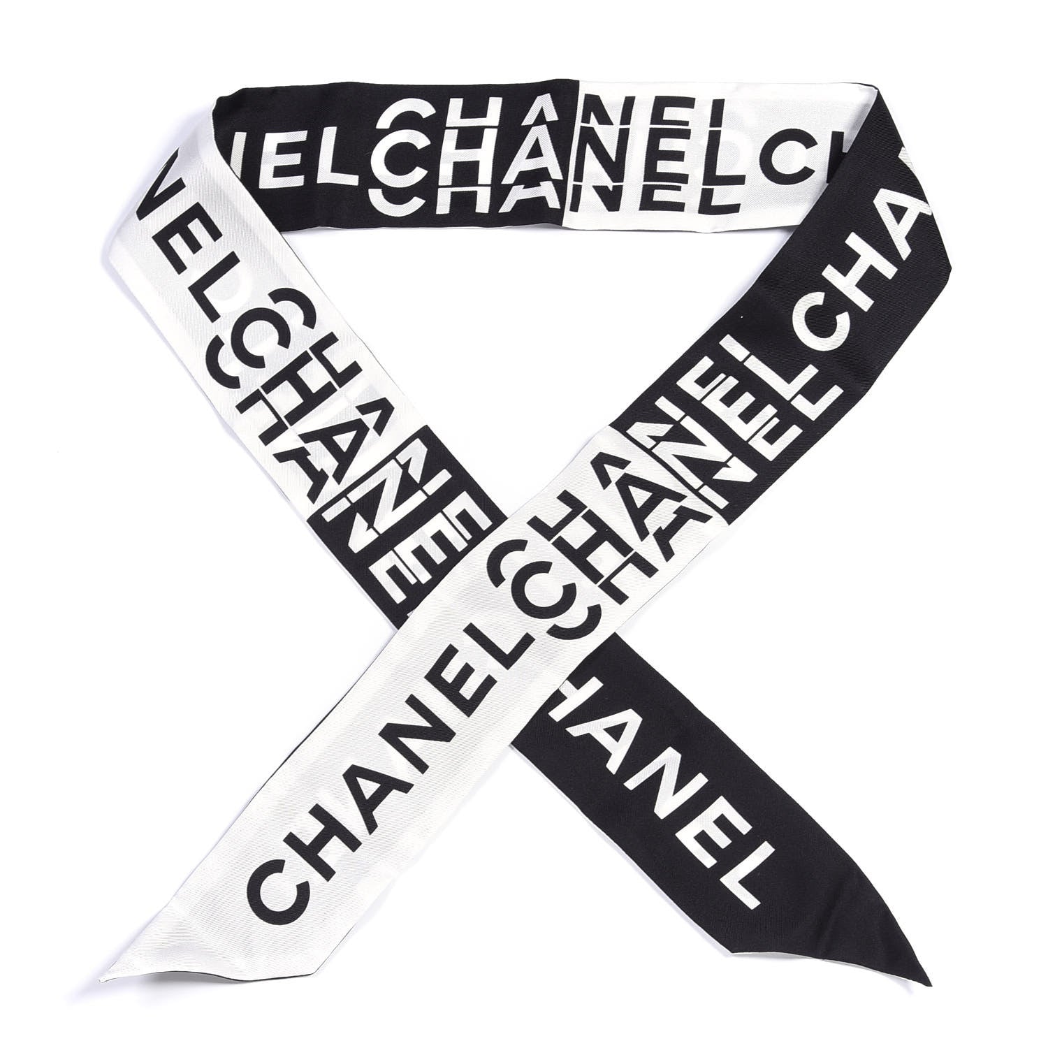 Chanel Silk Logo Slim Bandeau Scarf Black White 1 of 3