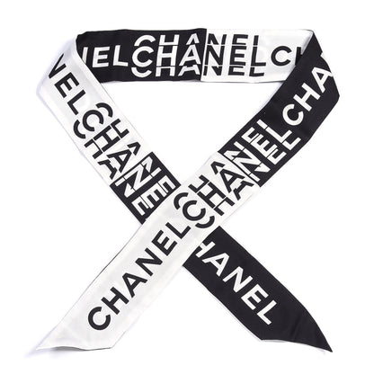 Chanel Silk Logo Slim Bandeau Scarf Black White 1 of 3