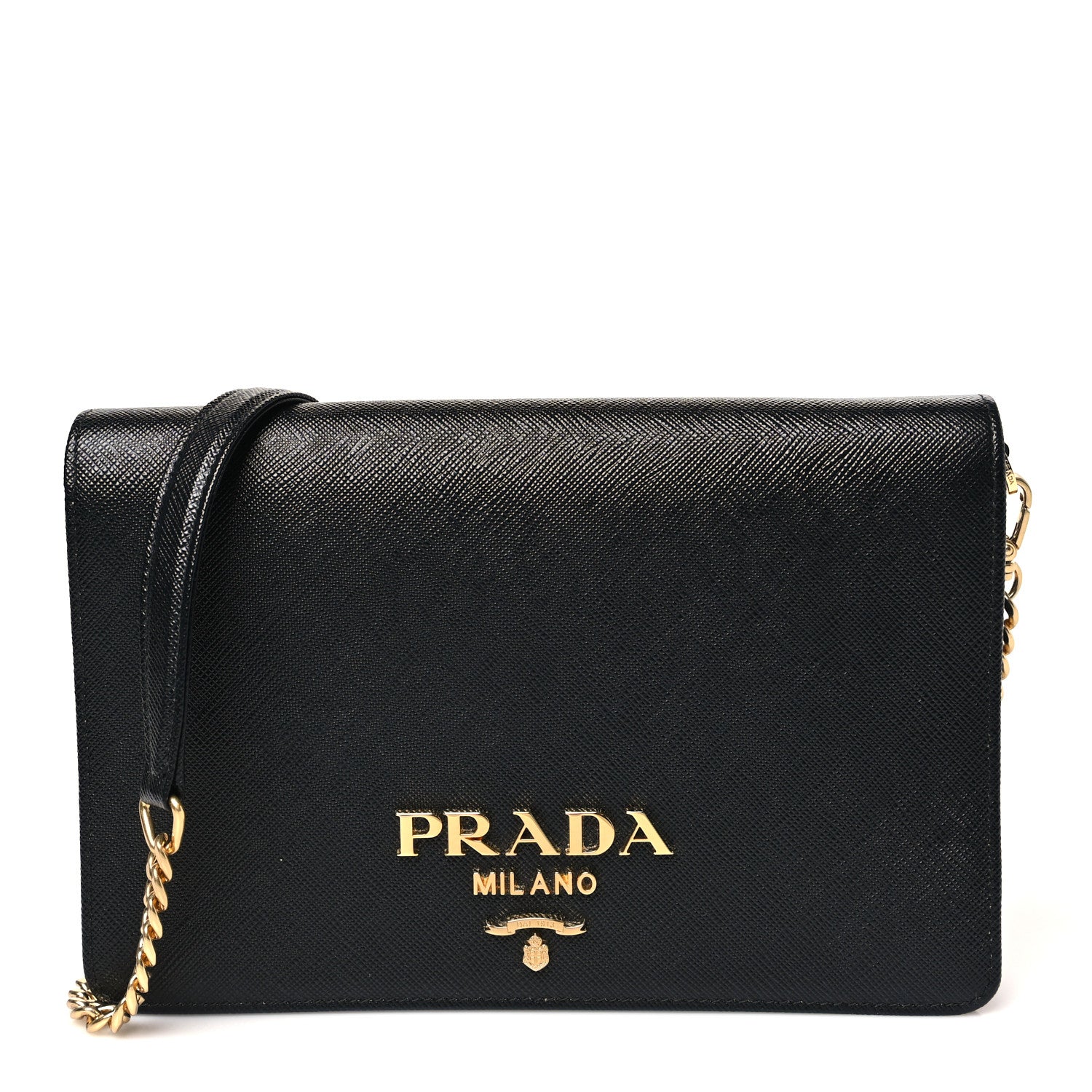 Prada Saffiano Lux Metal Logo Mini Chain Flap Crossbody Bag Black 1 of 11