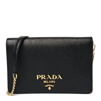 Prada Saffiano Lux Metal Logo Mini Chain Flap Crossbody Bag Black 1 of 11