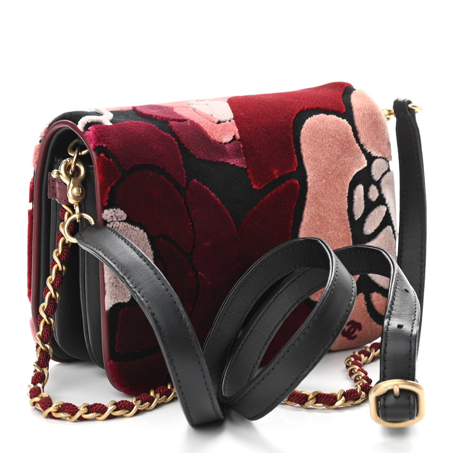 Velvet Lambskin Mini Camellia Flap Black Burgundy