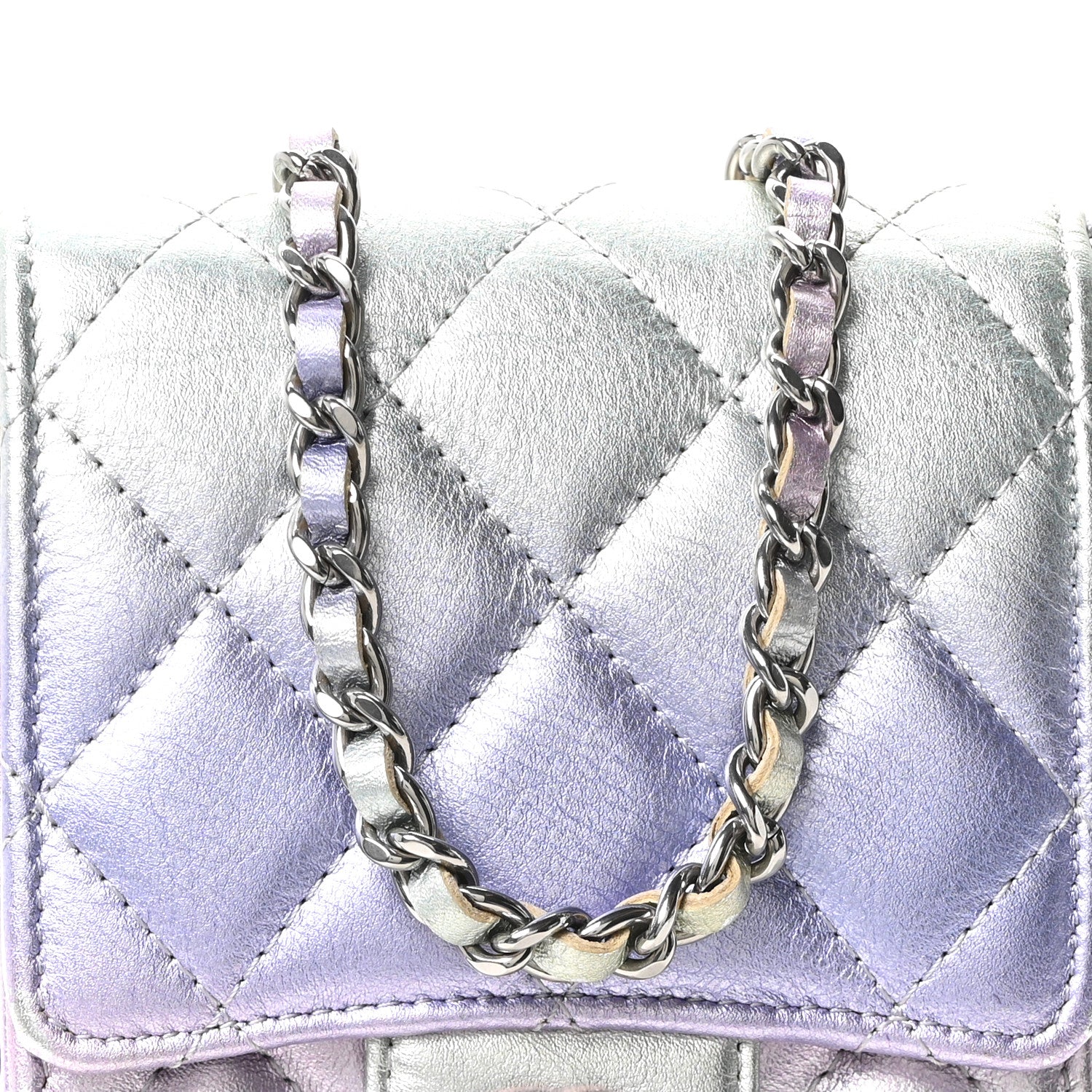 Chanel Gradient Metallic Calfskin Quilted CC Phone Holder Silver Blue Yellow Purple 9 of 11