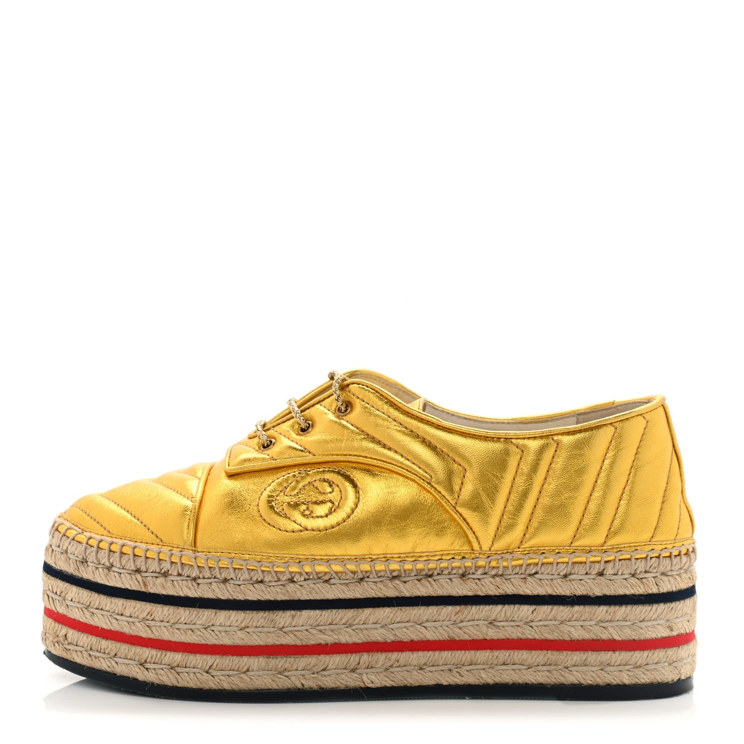Gucci Metallic Nappa Matelasse GG Pilar Flatform Lace-Up Espadrilles 39 Oro Vecchio 1 of 11
