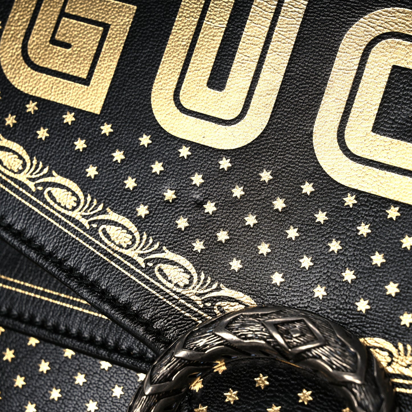 X SEGA Calfskin GUCCY Stars Medium Dionysus Shoulder Bag Black Gold