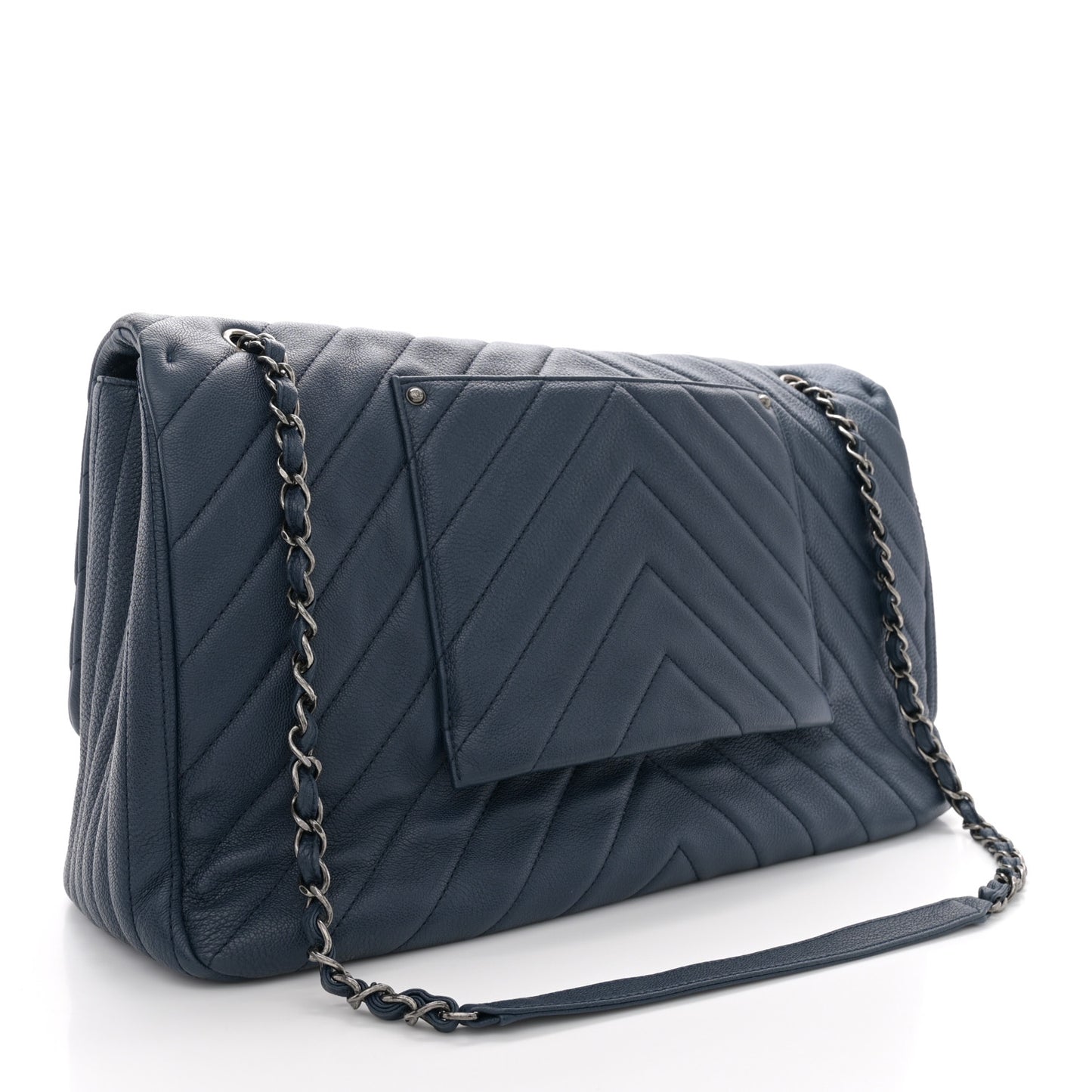 Calfskin Chevron Quilted XXL Travel Flap Bag Blue