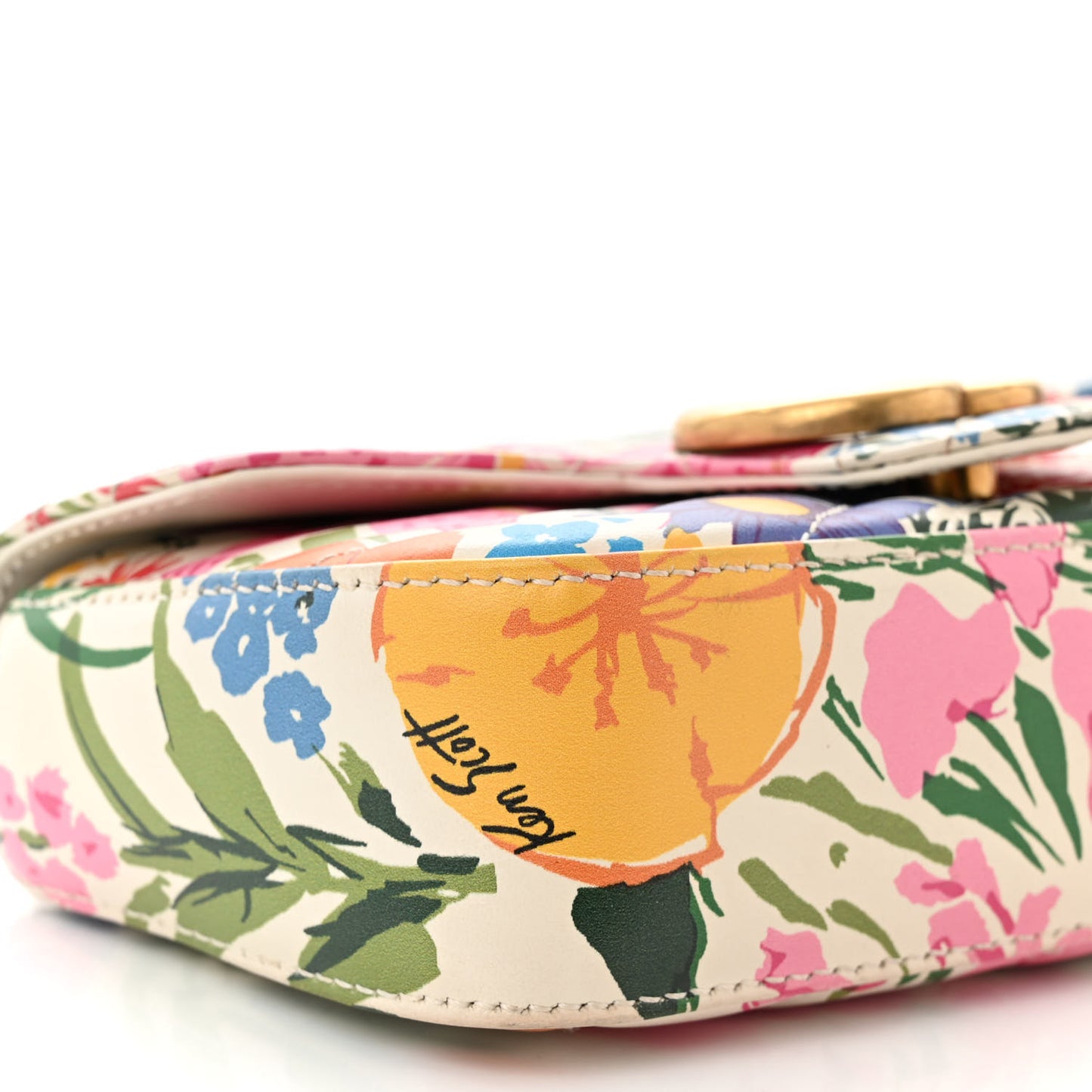 X KEN SCOTT Calfskin Matelasse Floral Print Super Mini GG Marmont Shoulder Bag Ivory Pink