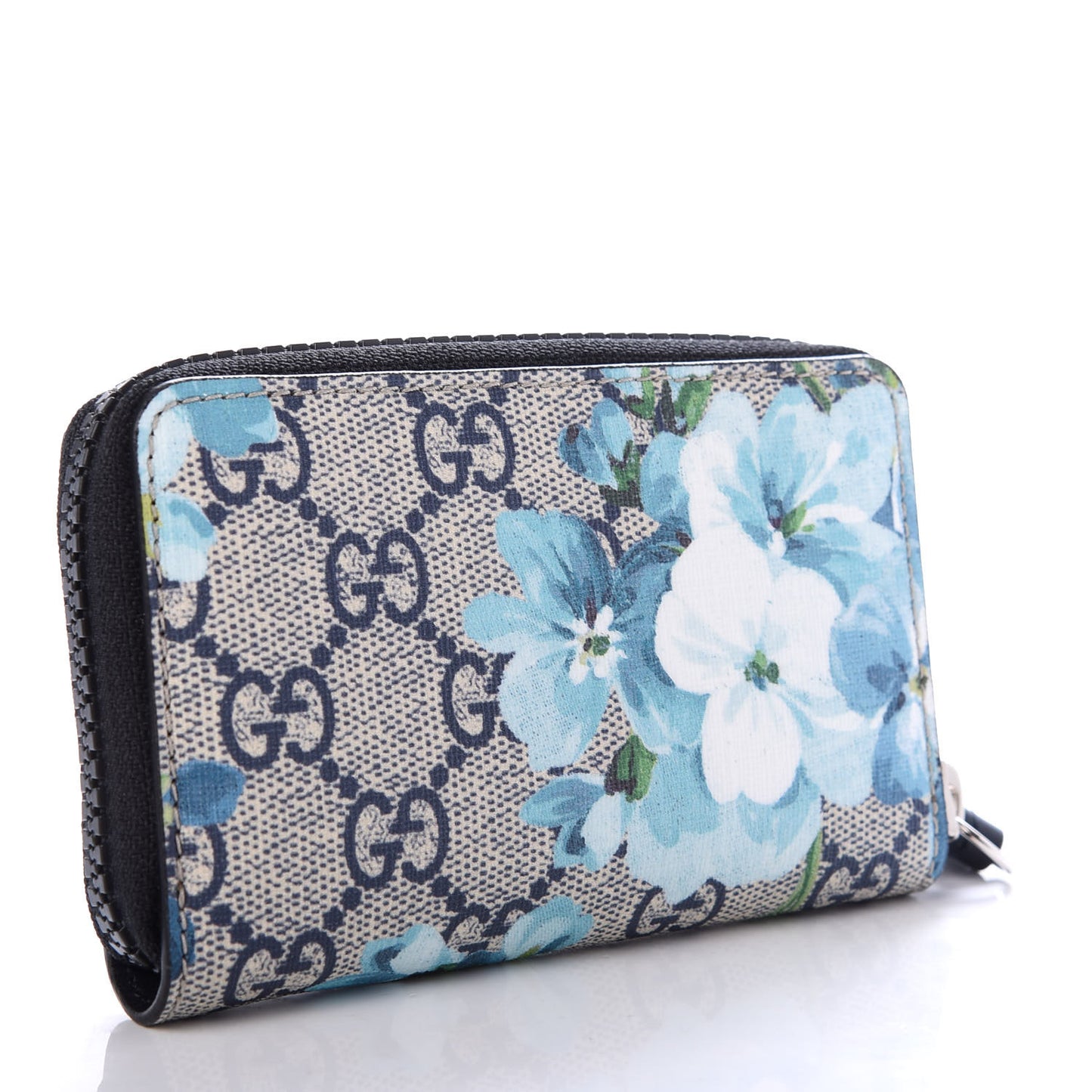 GG Supreme Monogram Blooms Zip Around Card Case Wallet Beige Blue Navy