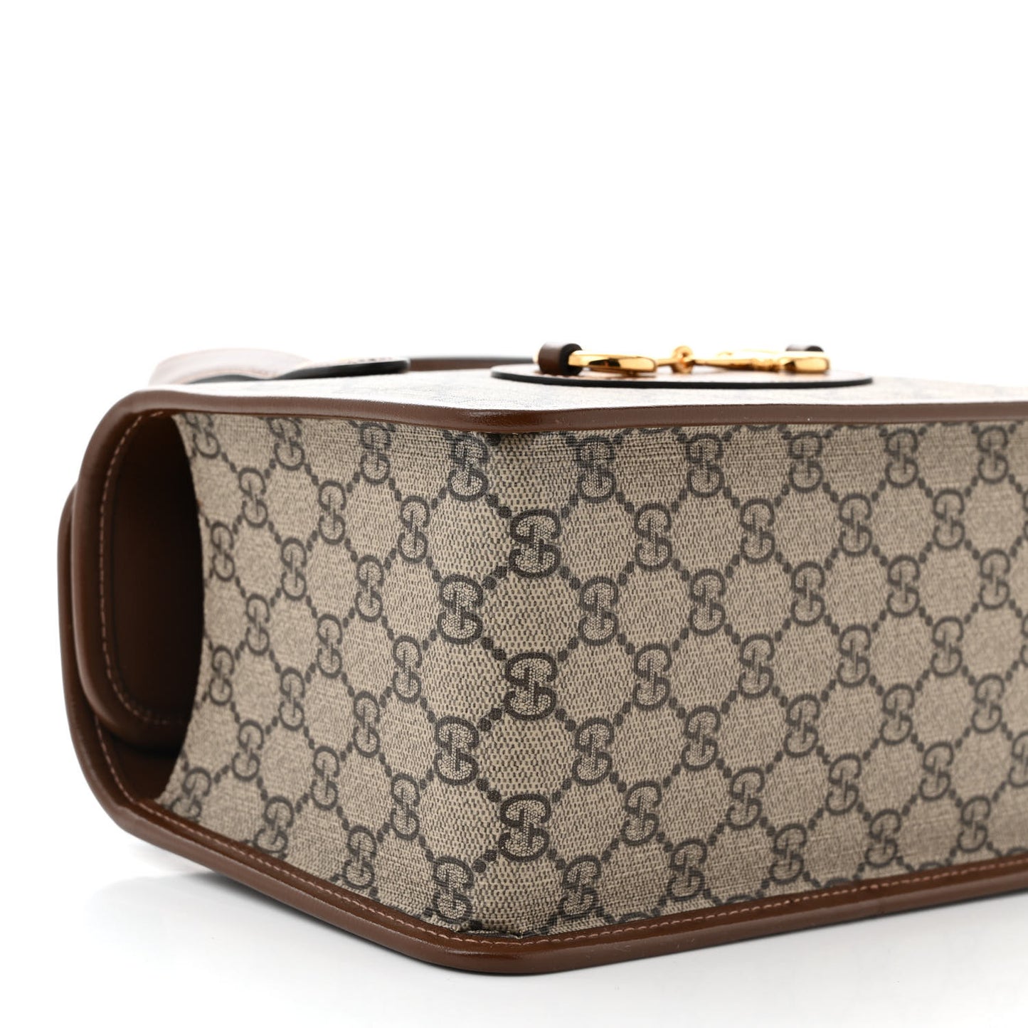 GG Supreme Monogram Azalea Calfskin Mini Horsebit 1955 Foldover Top Handle Bag Beige Ebony Brown Sugar