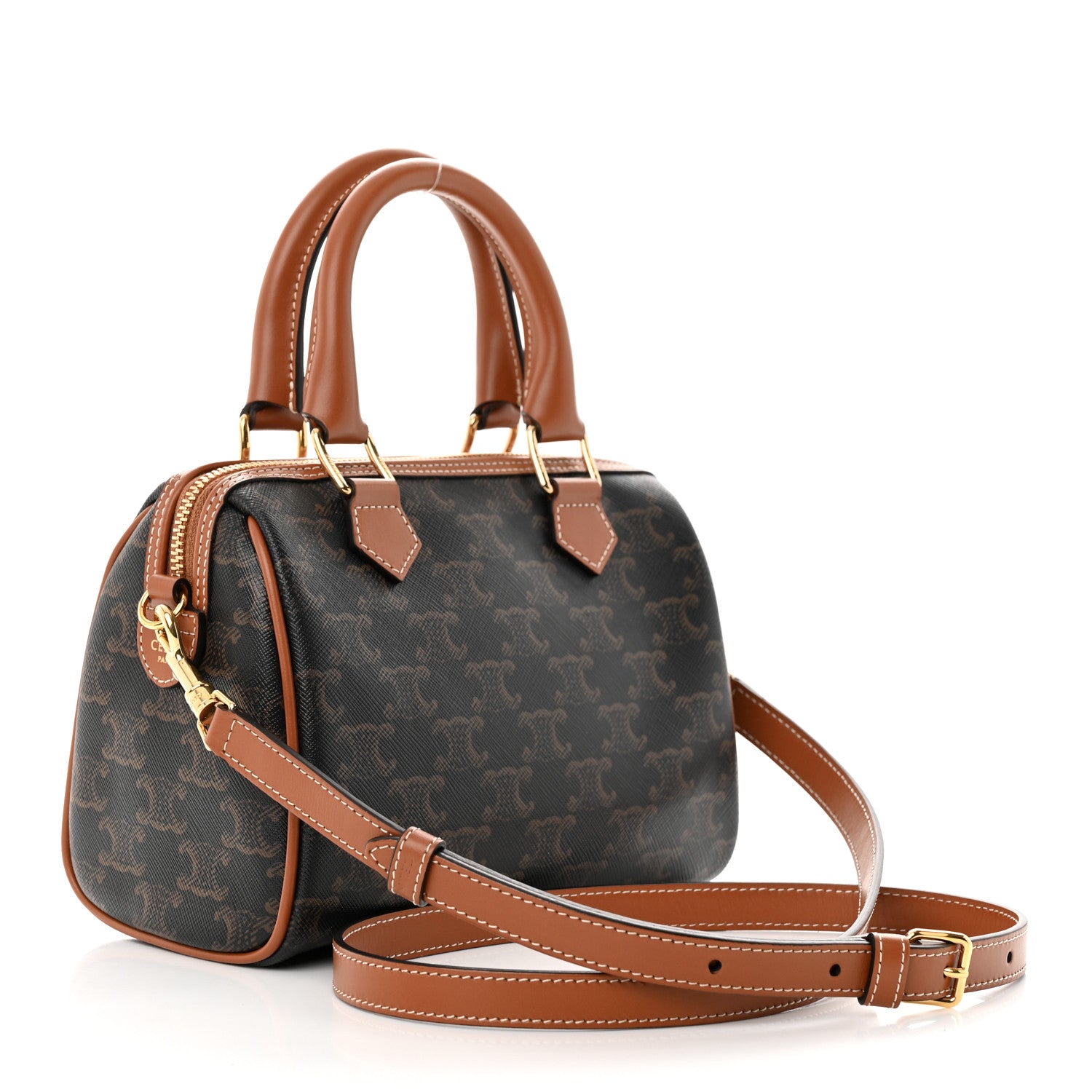Celine Triomphe Canvas Calfskin Small Boston Bag Tan 3 of 10
