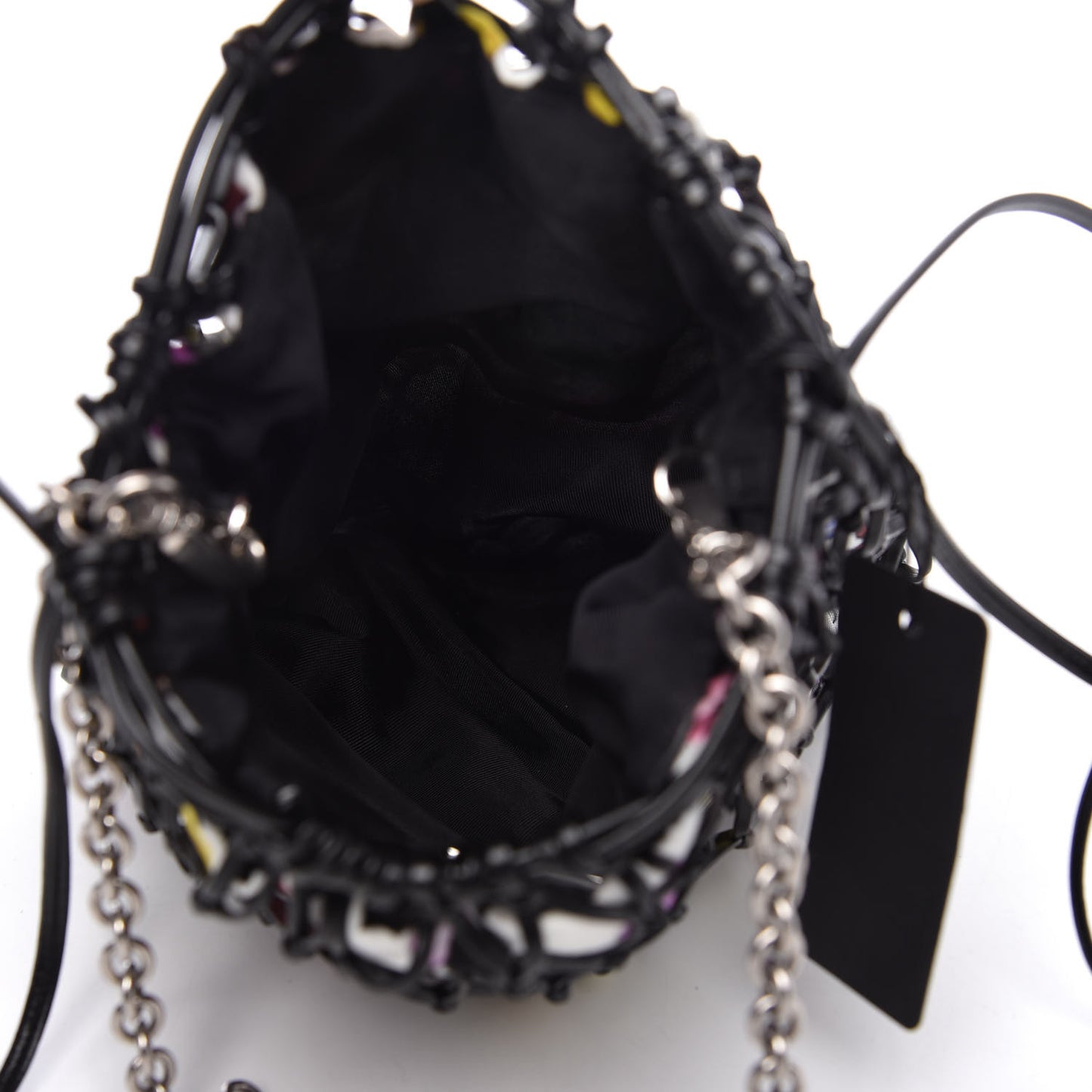 Fabric Calfskin Floral Print Net Chain Bag Black Multicolor