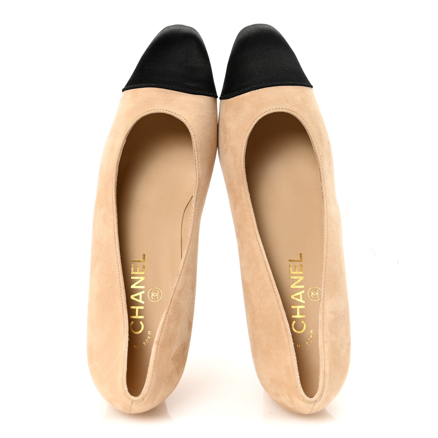 Chanel Suede Satin Cap Toe Low Heel Pumps 40 Beige Black 2 of 9