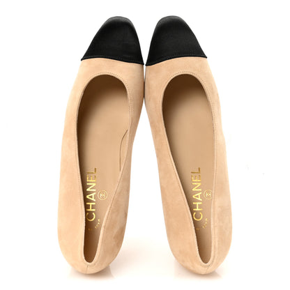 Chanel Suede Satin Cap Toe Low Heel Pumps 40 Beige Black 2 of 9