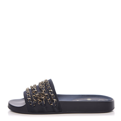 Chanel Satin Chain Flat Sandals 38 Marine 1 of 10