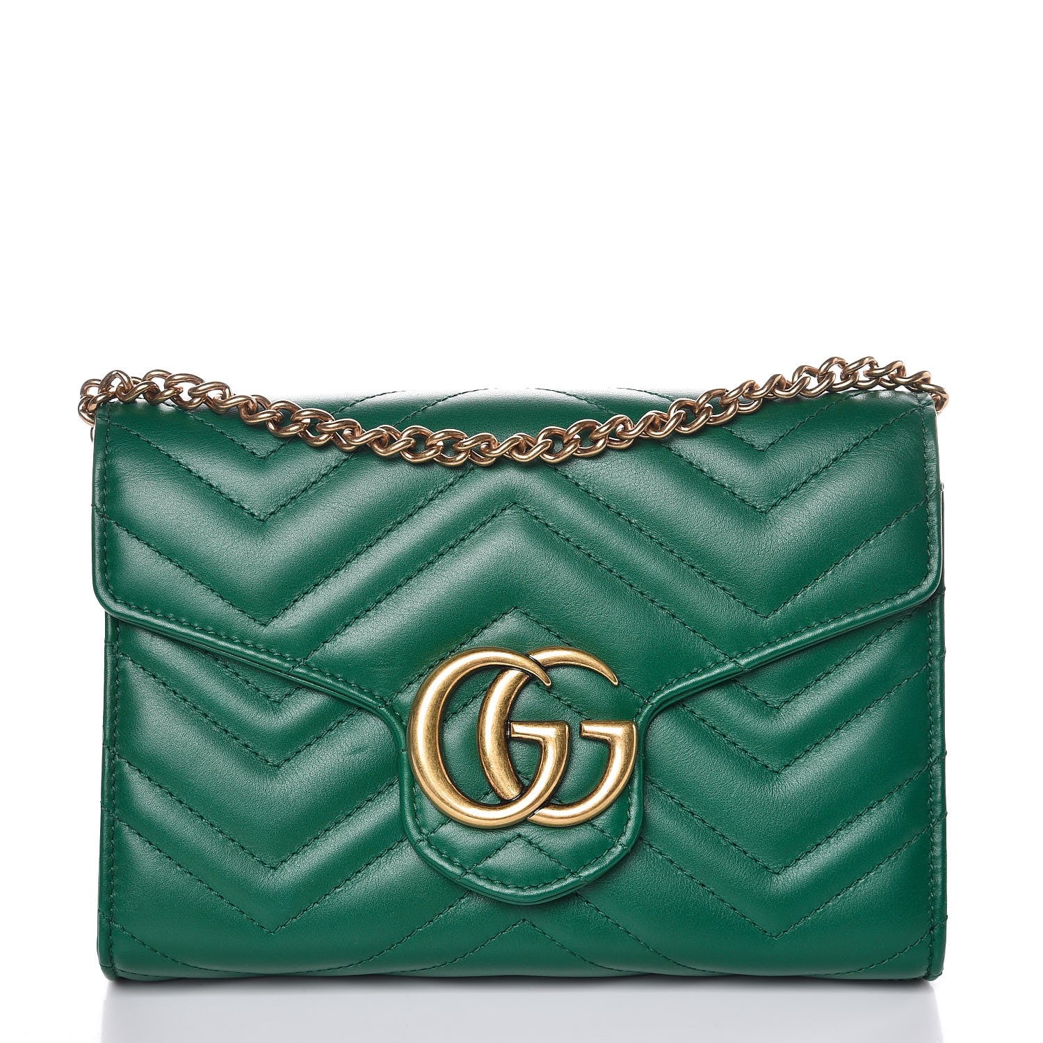 Gucci Calfskin Matelasse GG Marmont Chain Wallet Emerald Green 1 of 8