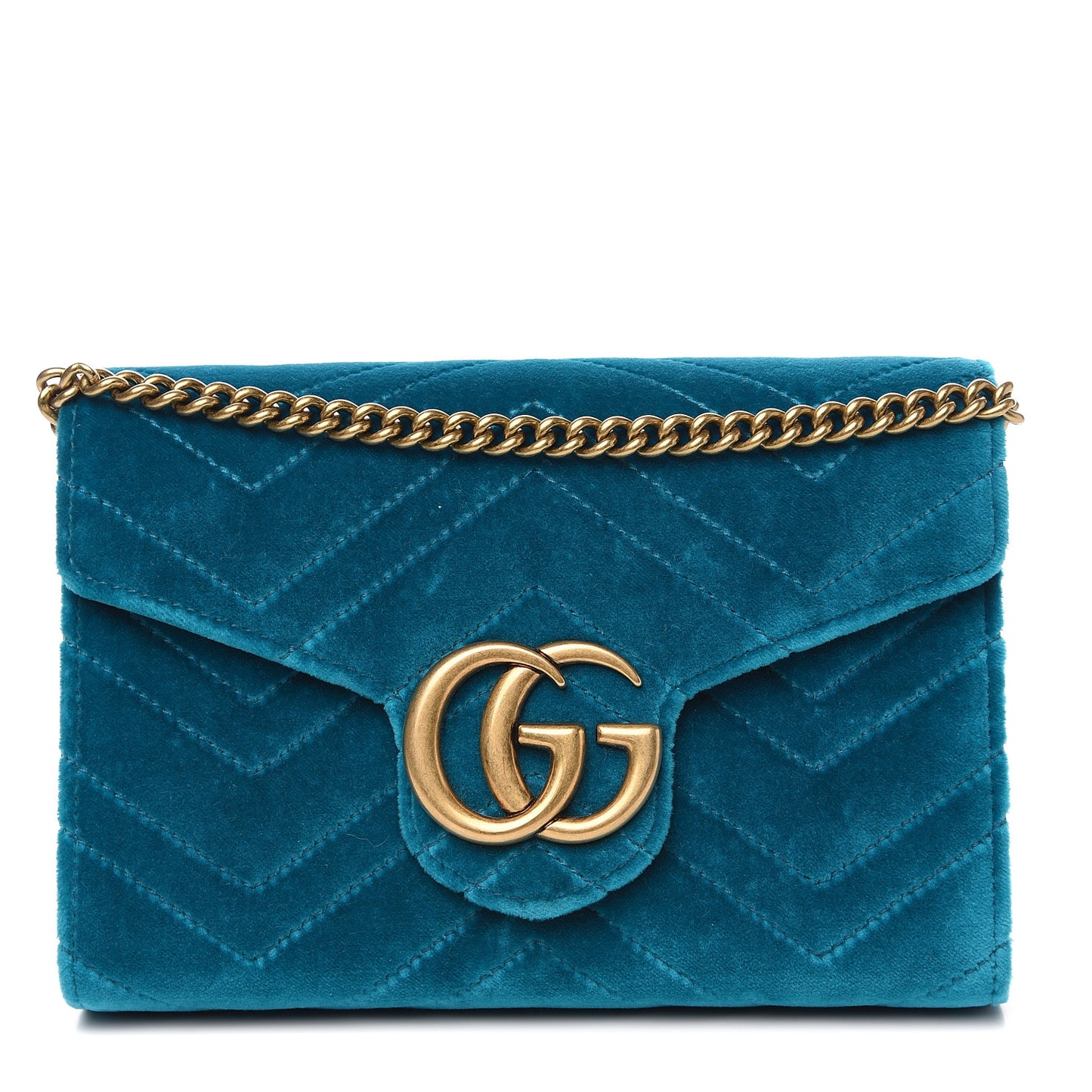 Velvet Matelasse GG Marmont Chain Wallet Pavone Cyan