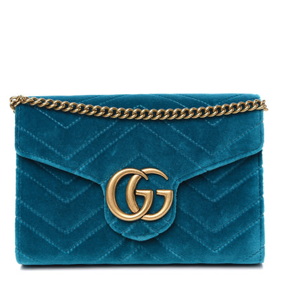 Gucci Velvet Matelasse GG Marmont Chain Wallet Pavone Cyan 1 of 10