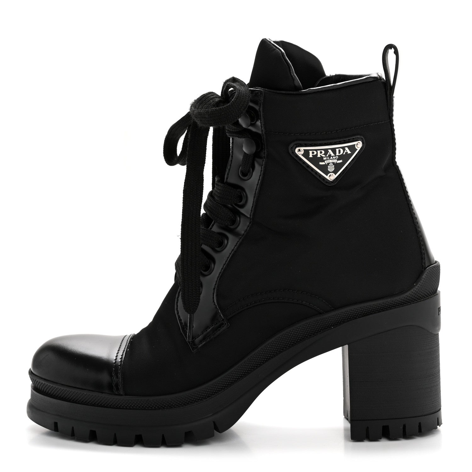 Prada Spazzolato Re-Nylon Metal Triangle Logo Lace Up 55mm Ankle Boots 36 Black 1 of 18